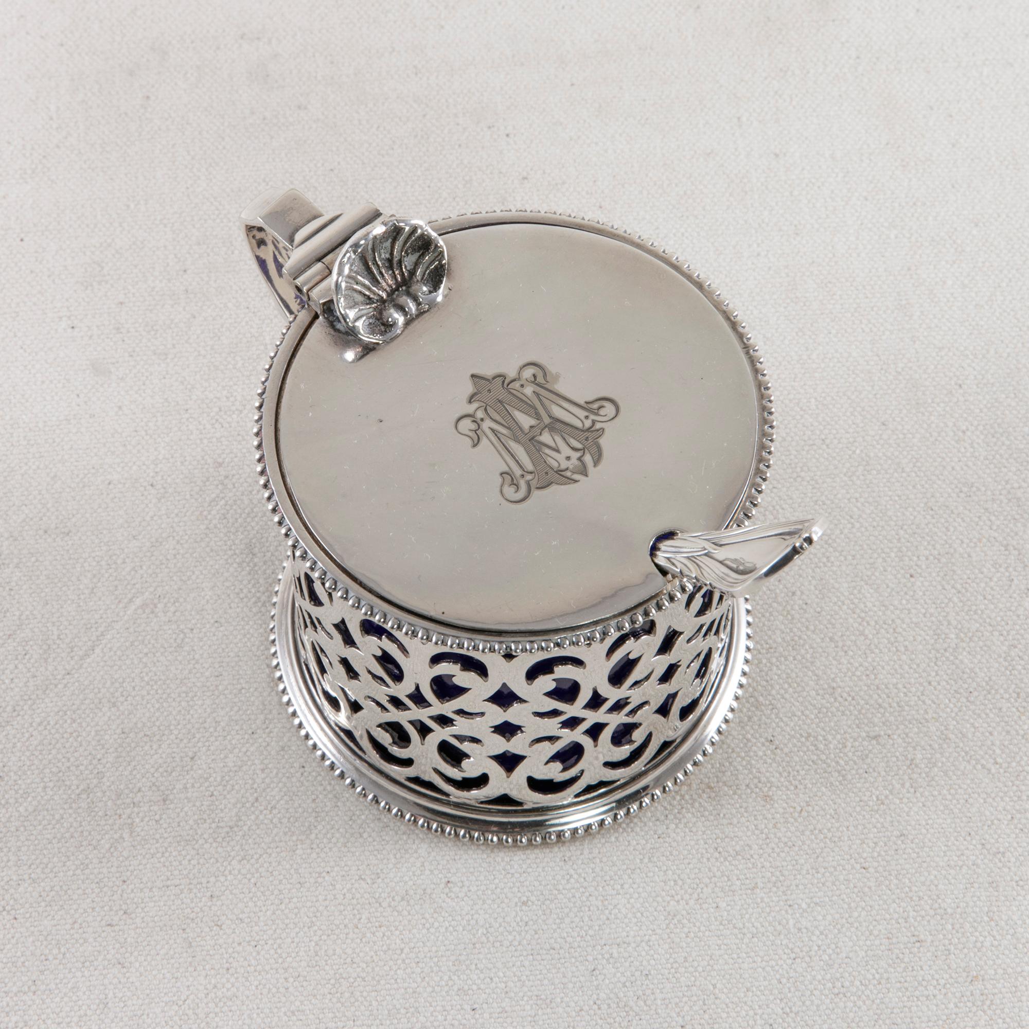 Late 19th Century English Silver Plate Mustard Pot with Lid Spoon, Glass Insert 3