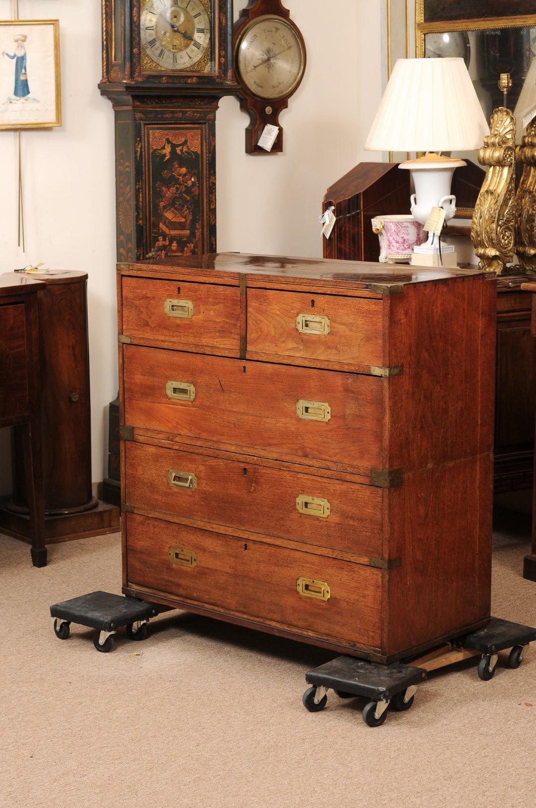 Late 19th Century English Teak Campaign Chest with Brass Mounts & 5 Drawers For Sale 9