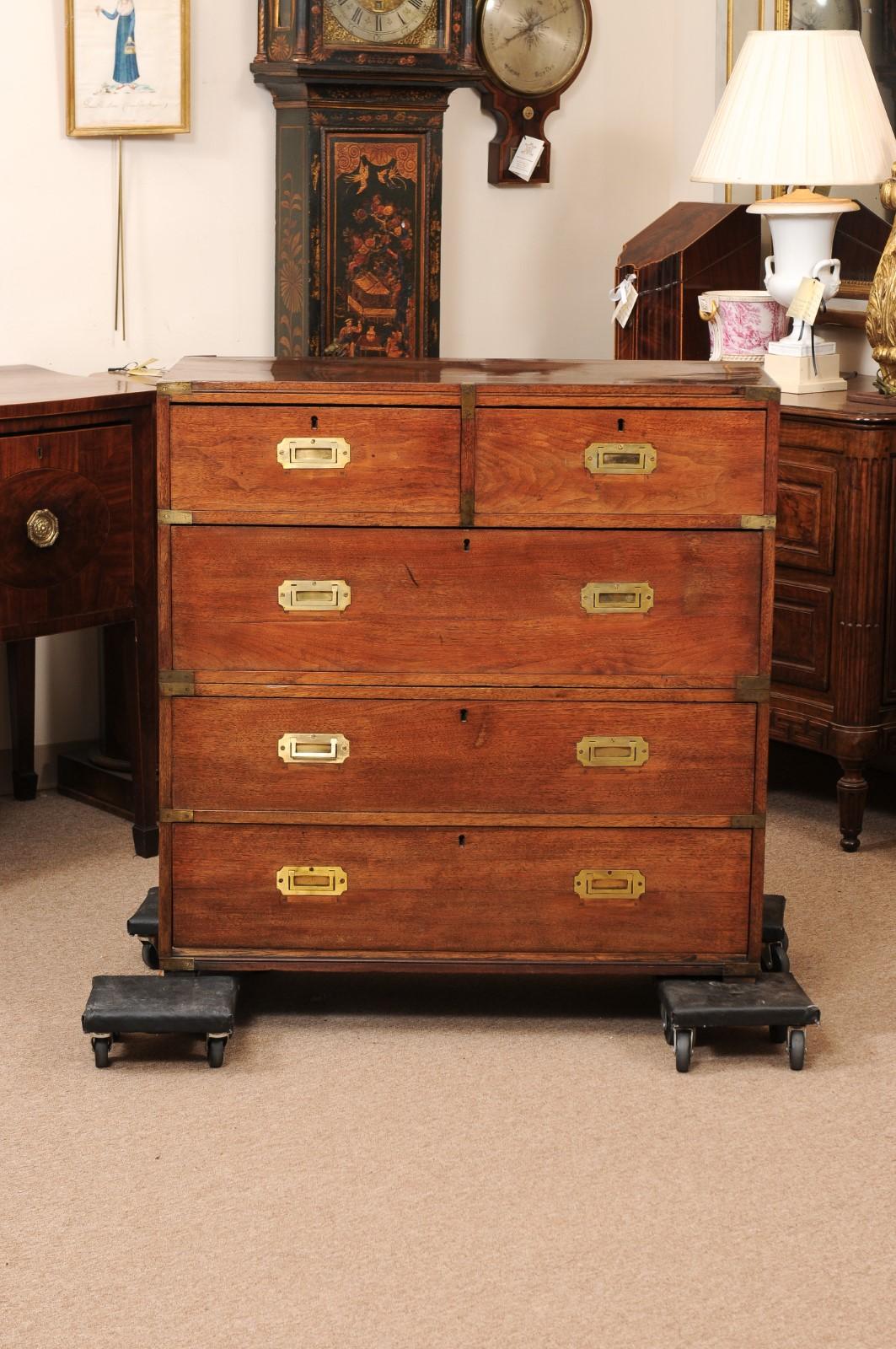 Late 19th Century English Teak Campaign Chest with Brass Mounts & 5 Drawers For Sale 10