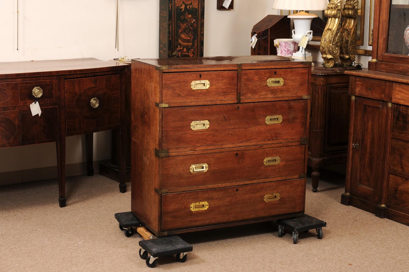 Late 19th Century English Teak Campaign Chest with Brass Mounts & 5 Drawers In Fair Condition For Sale In Atlanta, GA