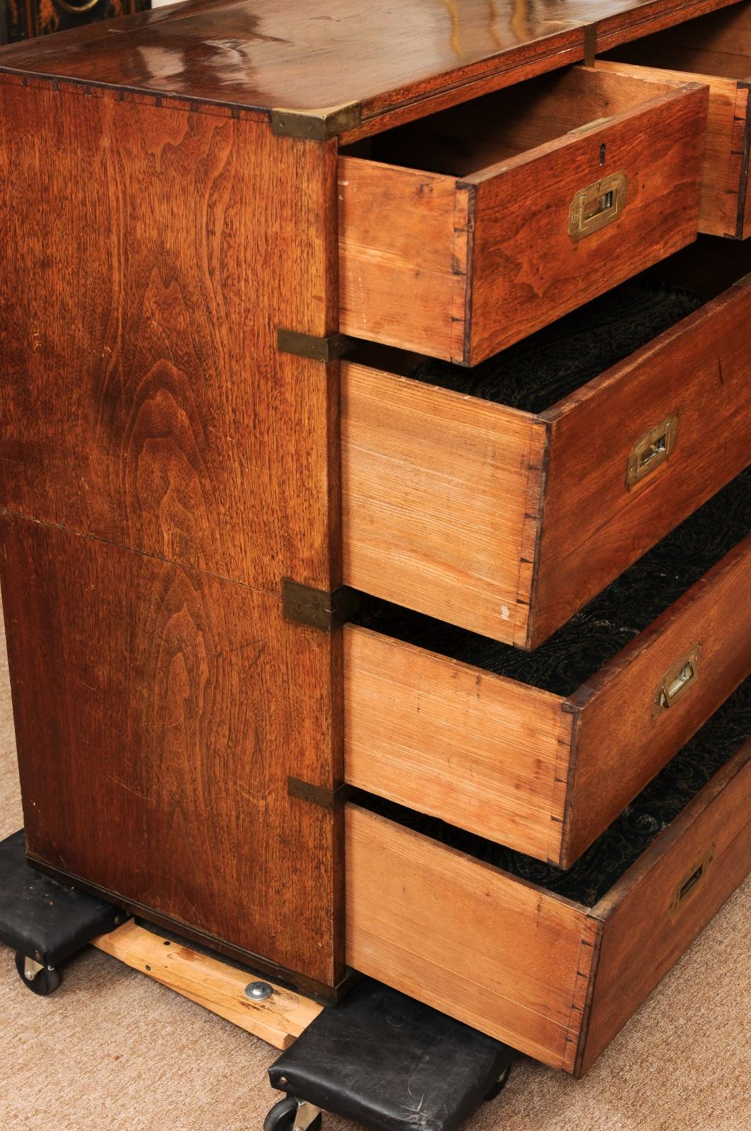 Late 19th Century English Teak Campaign Chest with Brass Mounts & 5 Drawers For Sale 2