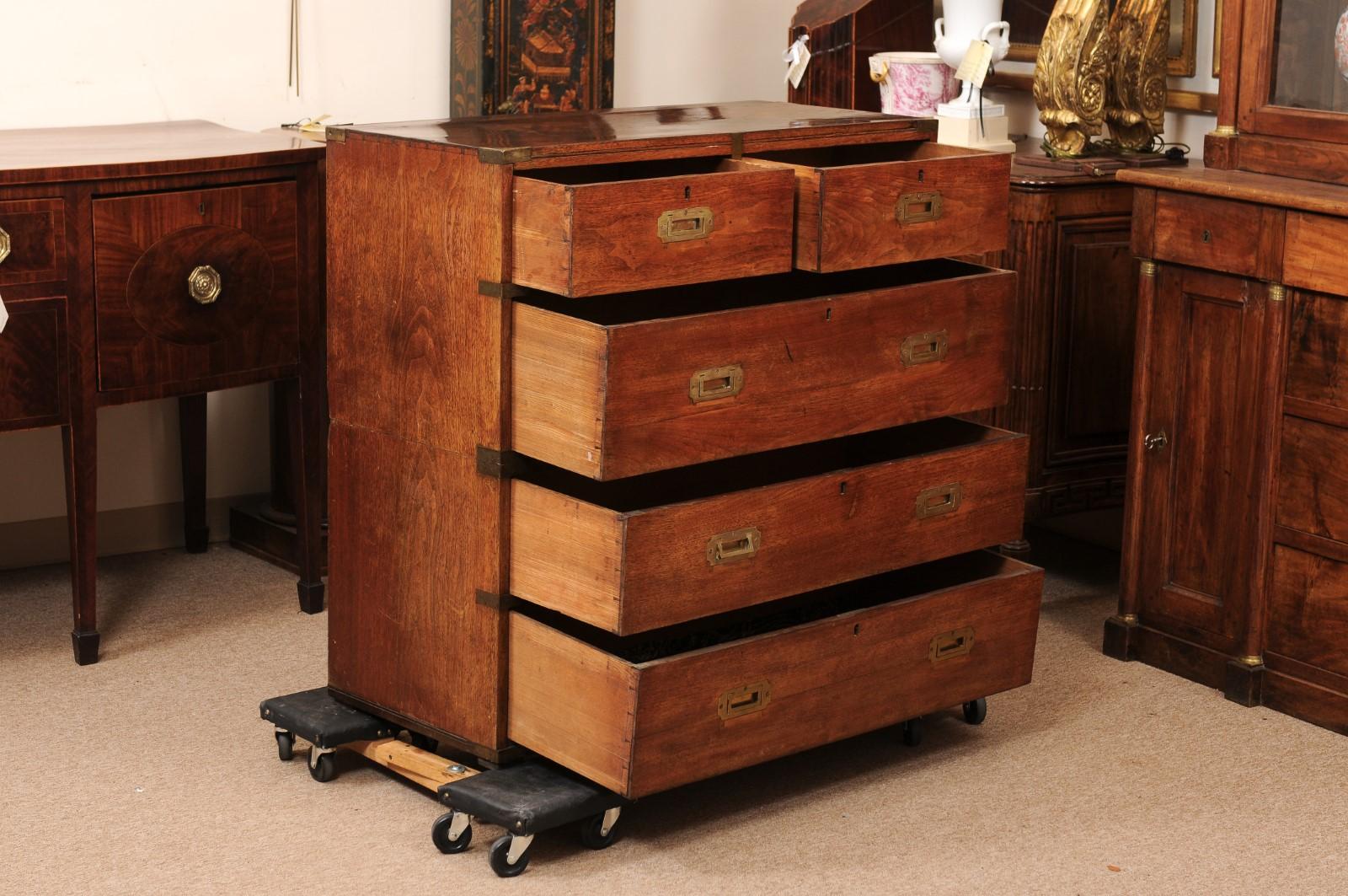 Late 19th Century English Teak Campaign Chest with Brass Mounts & 5 Drawers For Sale 3