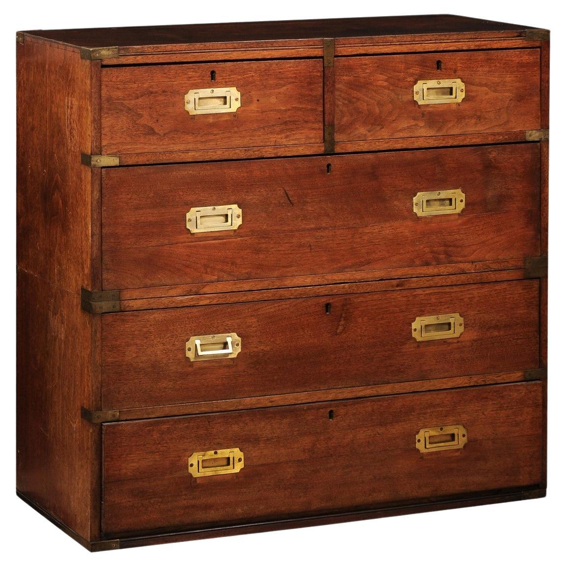 Late 19th Century English Teak Campaign Chest with Brass Mounts & 5 Drawers For Sale