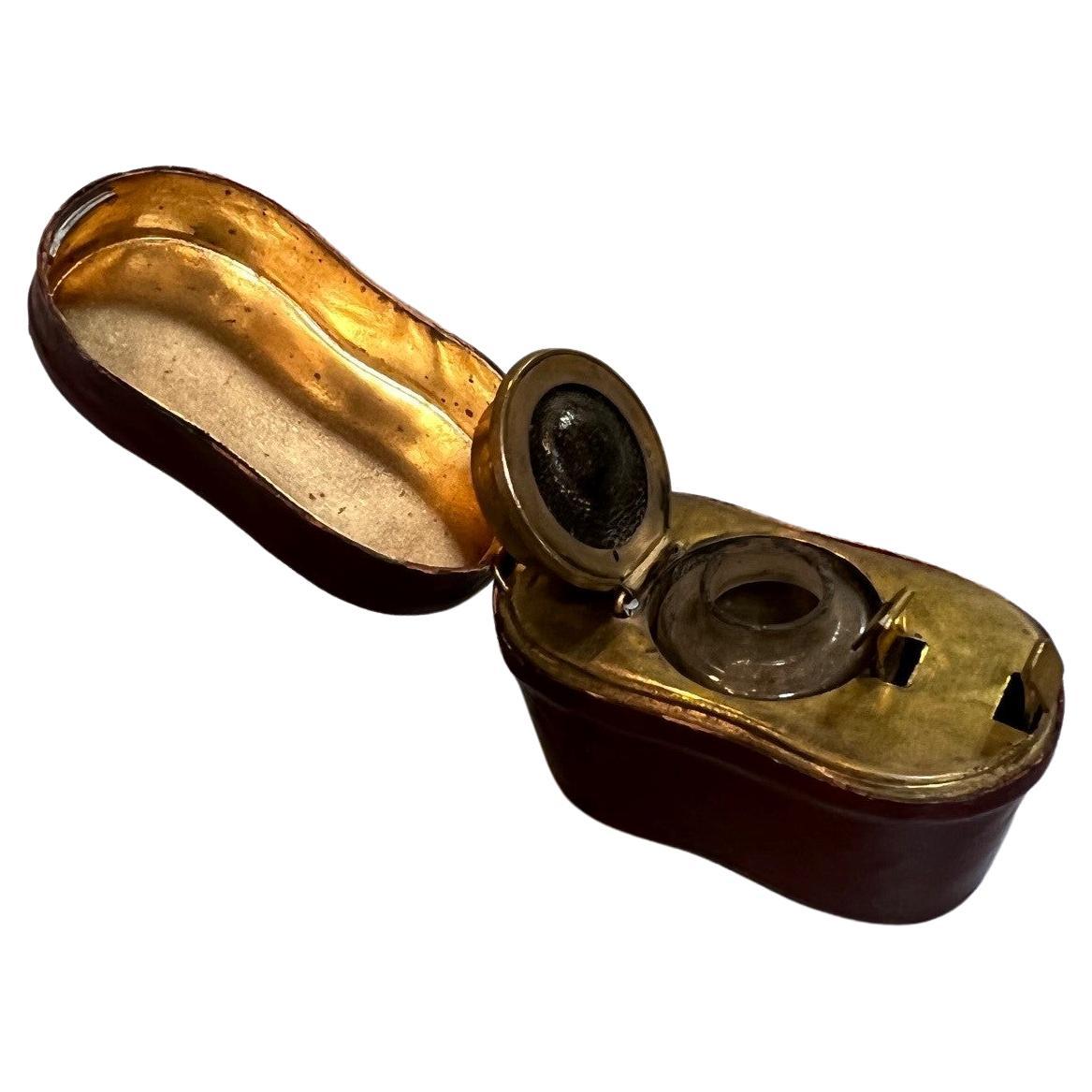 Late 19th Century English Traveling Inkwell in a Red Leather Mini Binocular Case For Sale