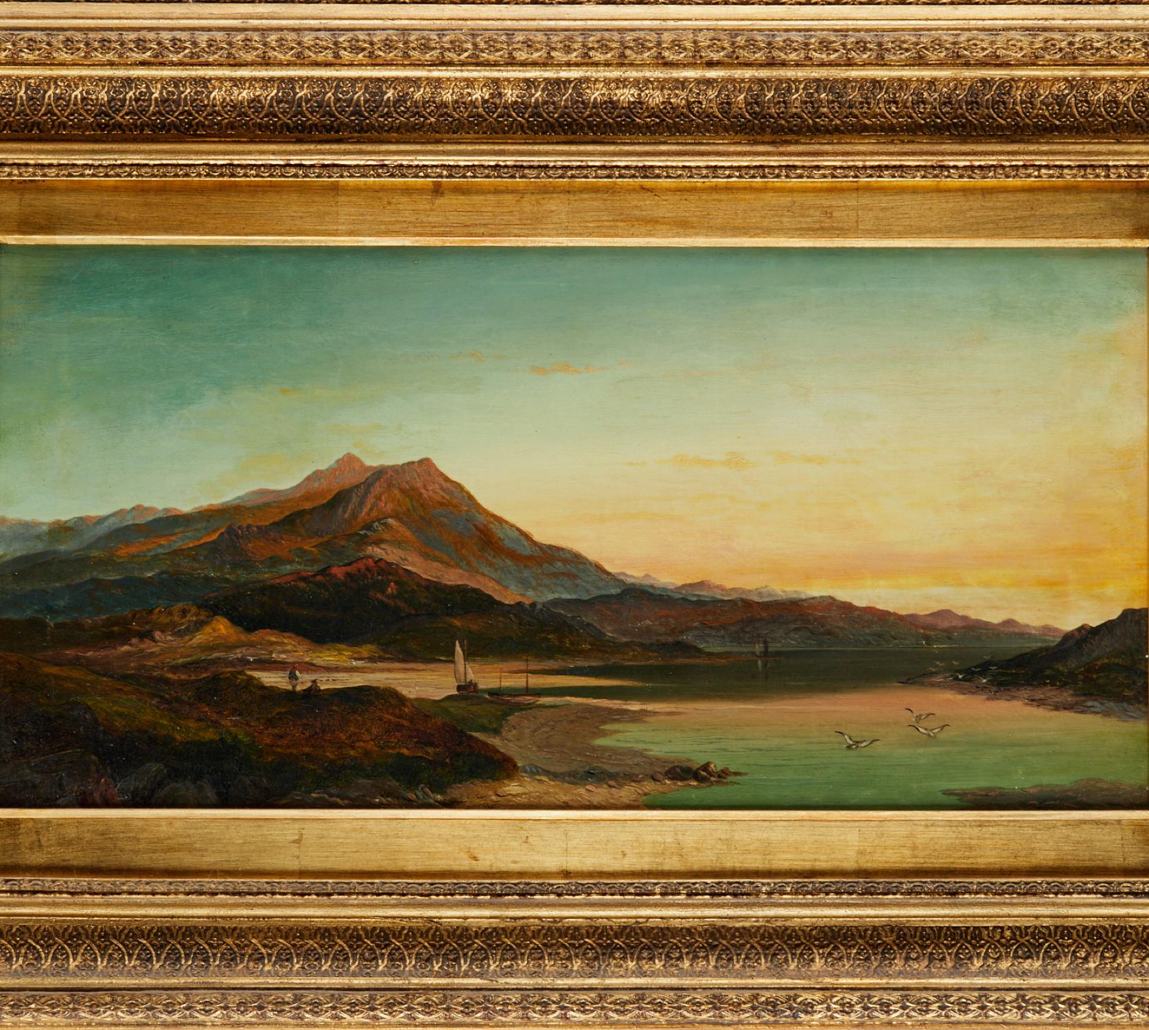 Attributed to Thomas O Hume (British, 19th c.), Seaside Landscape, oil on canvas, no signature observed, label on verso. A beautiful landscape, with a great balance of color and composition. The canvas is in a vintage English frame.

Thomas O Hume