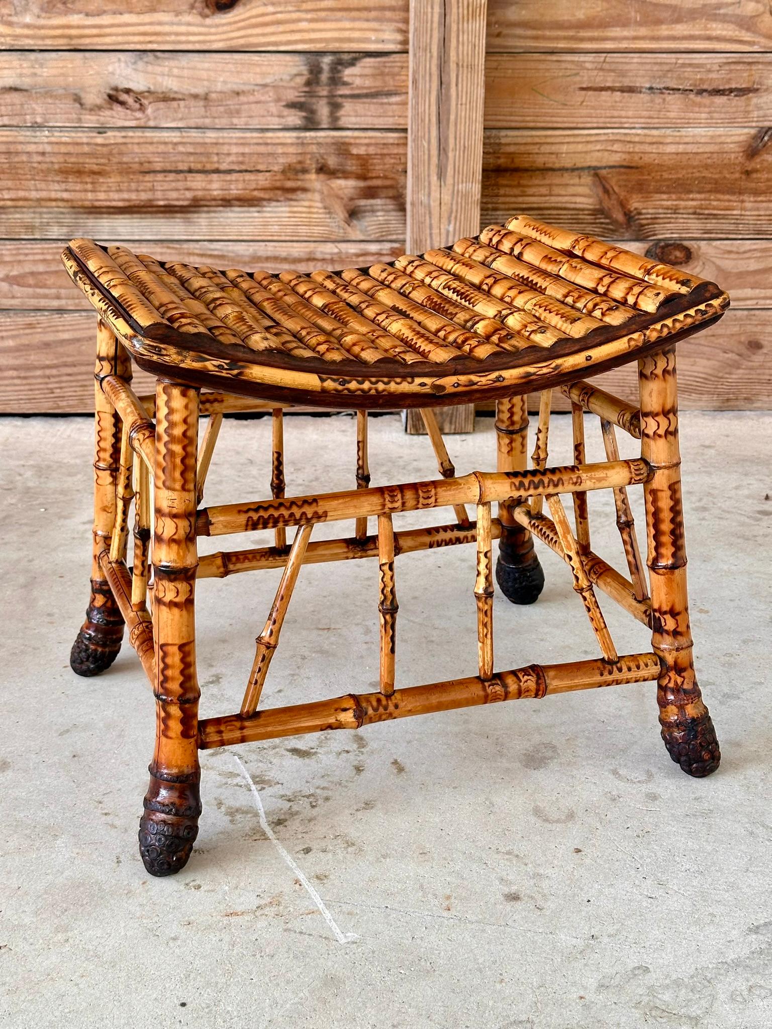 Hand-Crafted Late 19th Century English Victorian Thebes Bamboo Footstool / Ottoman