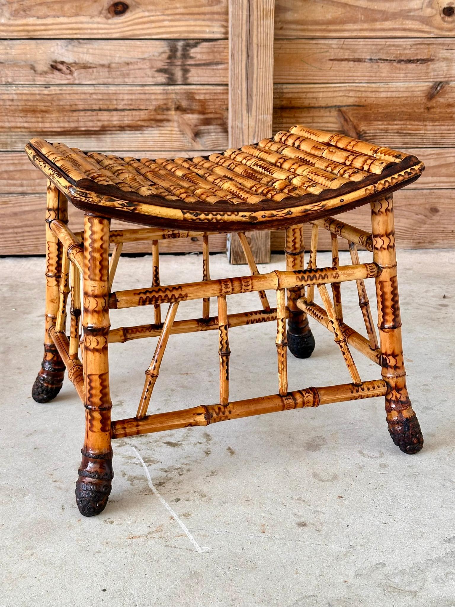 Late 19th Century English Victorian Thebes Bamboo Footstool / Ottoman In Good Condition In North Fort Myers, FL