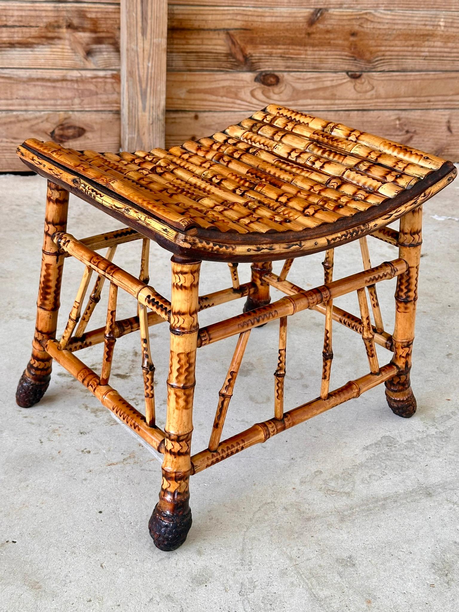 Late 19th Century English Victorian Thebes Bamboo Footstool / Ottoman 1