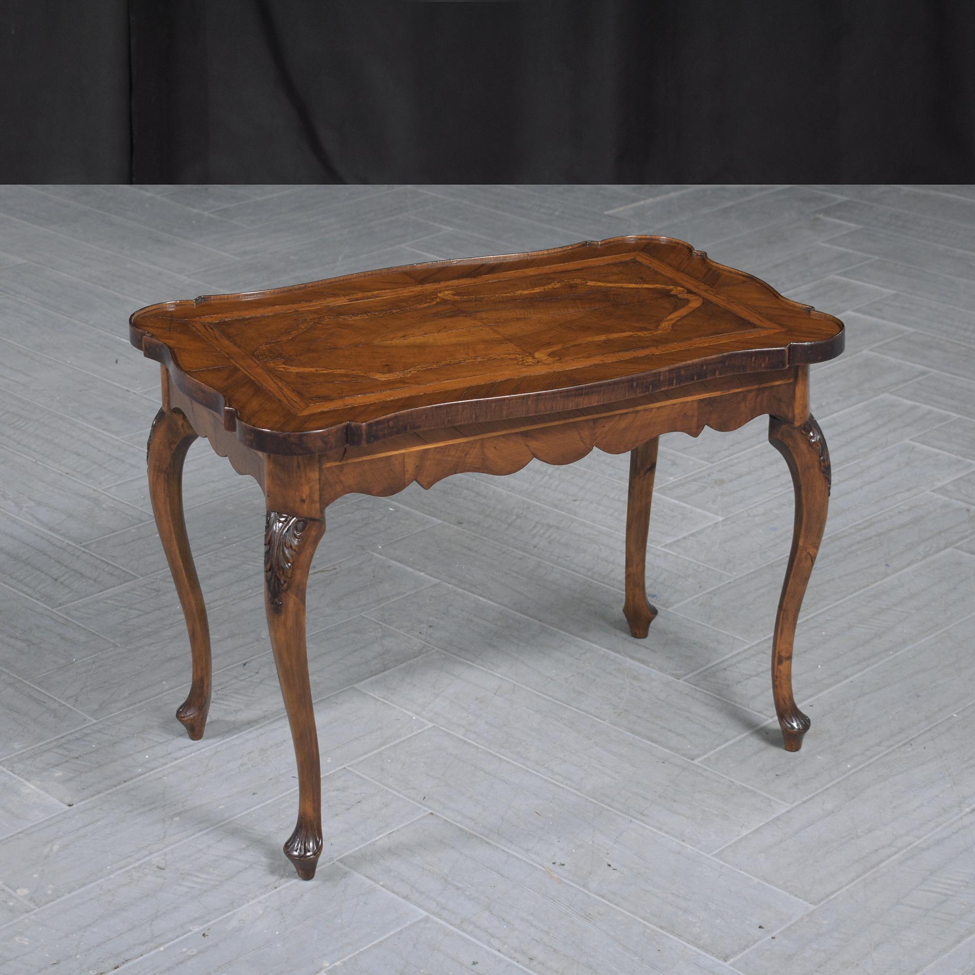 Step into history with our exquisite late 19th-century English walnut side table, a pristine example of antique craftsmanship and design. This impeccable table, expertly restored by our artisanal team, beams in its original walnut shade, further