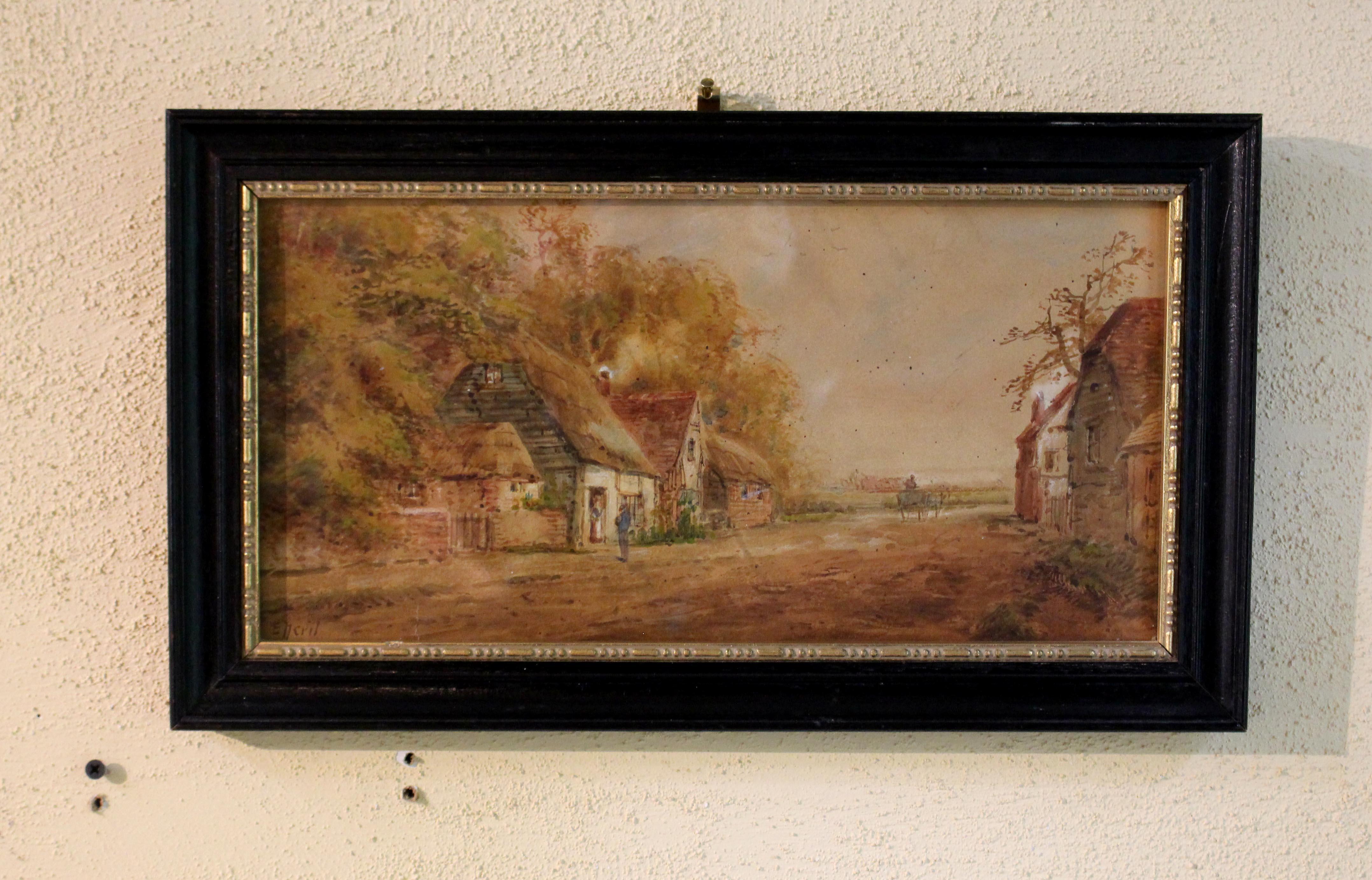 Late 19th century English watercolor by E. Nevil. A charming village scene. Signed lower left, E. Nevil (Edward Nevil, late 19th century). Not examined out of the antique frame. Sight: 6 7/8