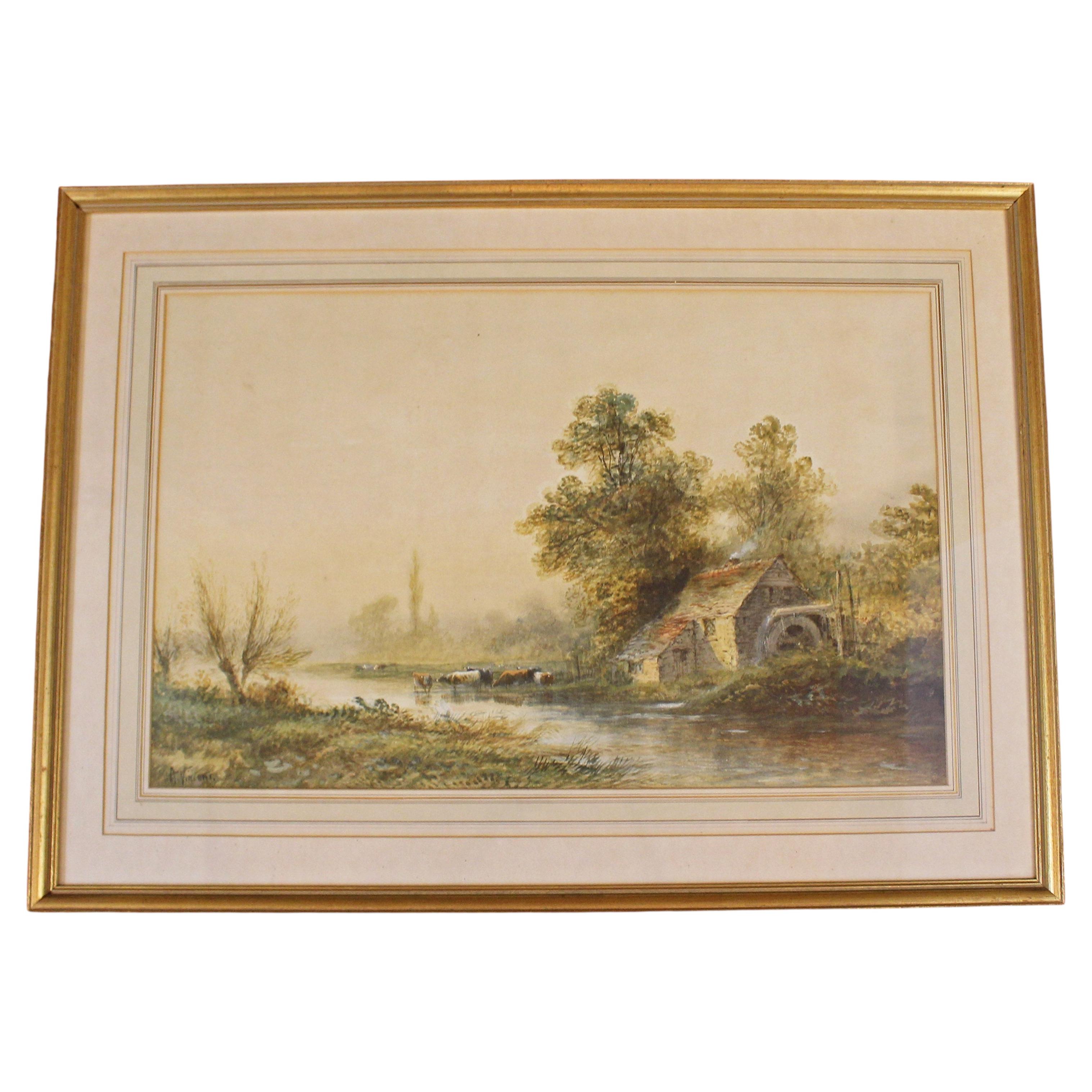 Late 19th Century English Watercolor Scene of Cows and a River by A. Vincent