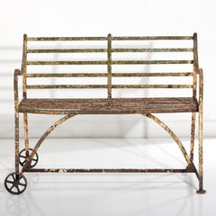 Late 19th Century, English, Wrought Iron Lawn Bench on Wheels