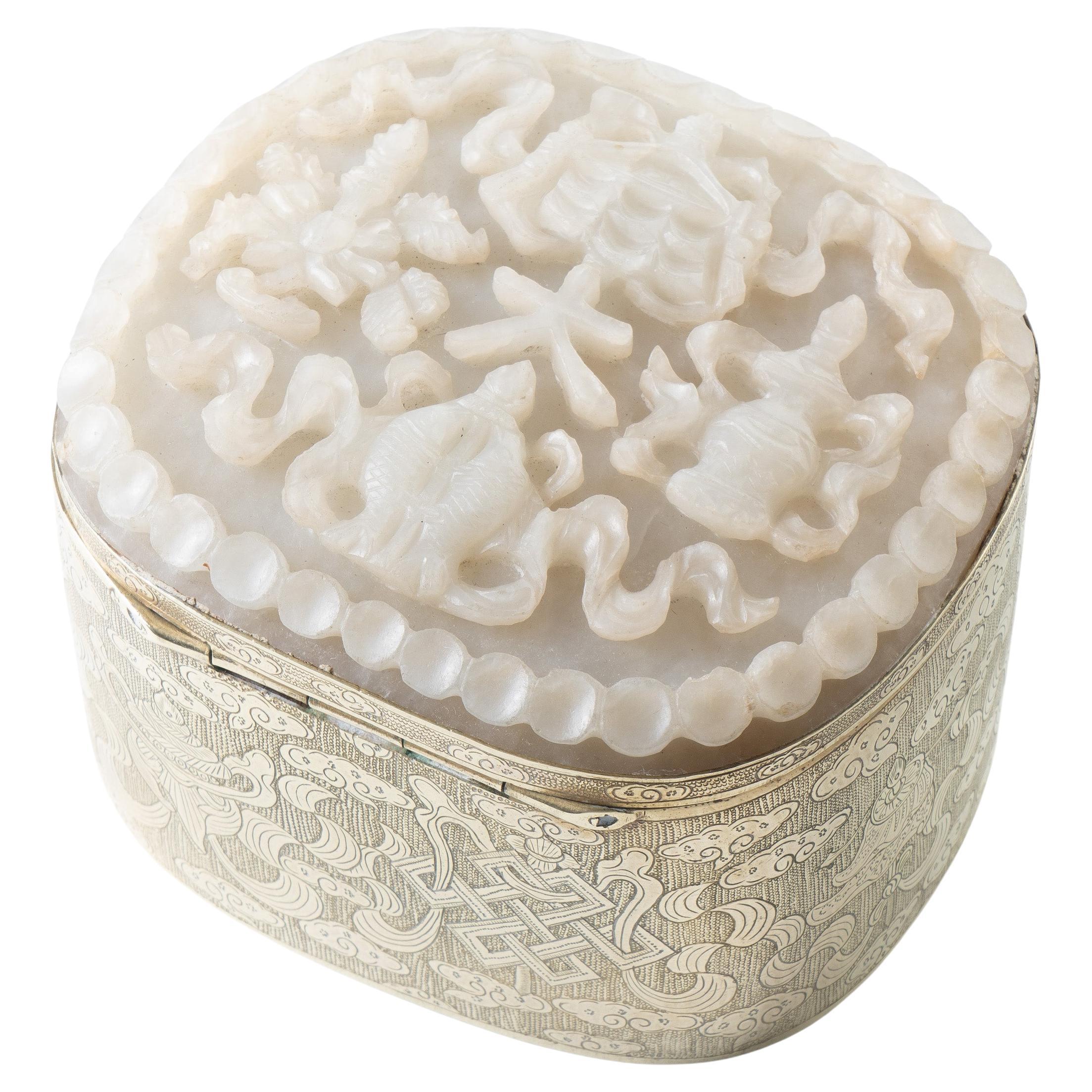 Late 19th Century Engraved Chinese Brass Box with Carved Nephrite White Jade Lid For Sale