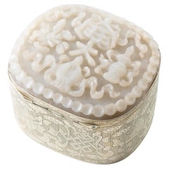 Late 19th Century Engraved Chinese Brass Box with Carved Nephrite White Jade Lid