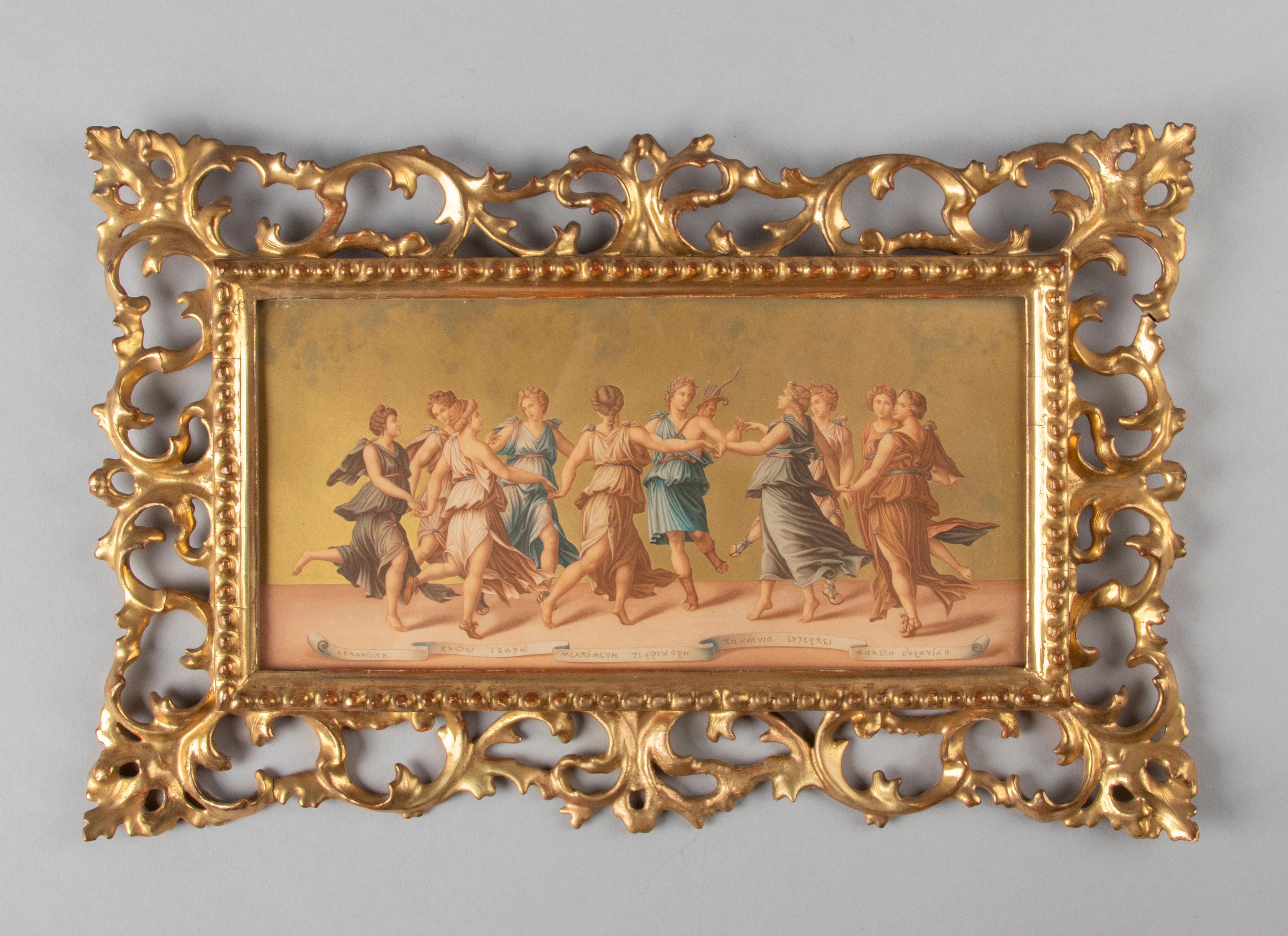 Beautiful antique frame with a print of dancing Greek graces. The frame is made of wood, with refined carving and graceful curls. The wood is decorated with stucco and gilded with gold leaf. The print is also interesting, it is an antique print with