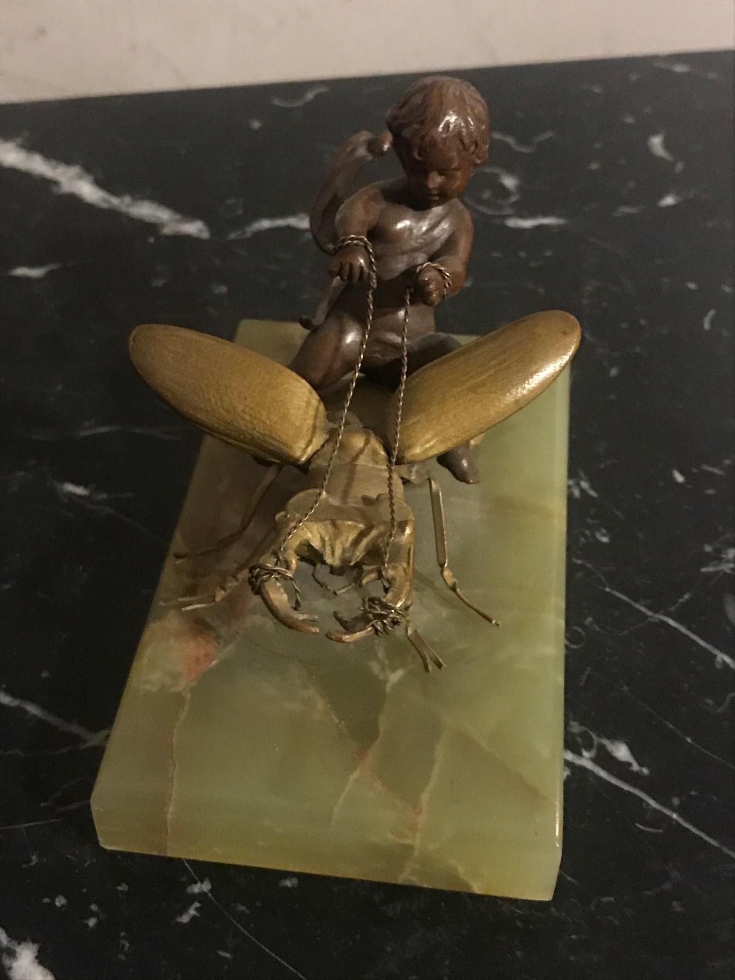 Late 19th Century Eutrope Bouret Style Bronze Child on a Beetle Statue For Sale 6