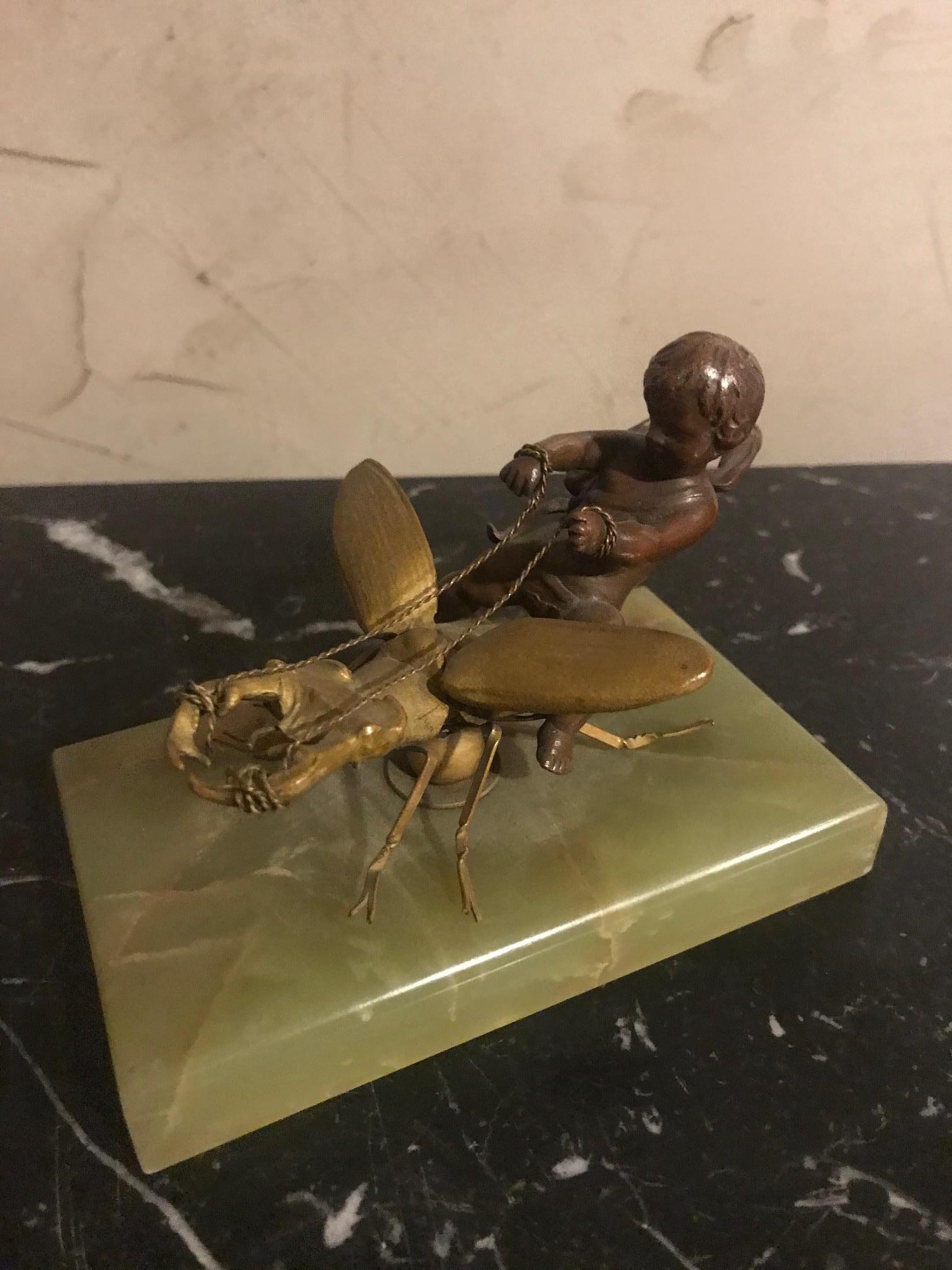 French Late 19th Century Eutrope Bouret Style Bronze Child on a Beetle Statue For Sale