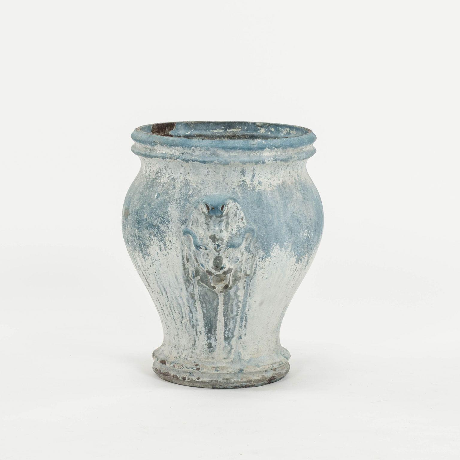 French Provincial Late 19th Century Faded Blue-Color Enamel Cast Iron Urn For Sale