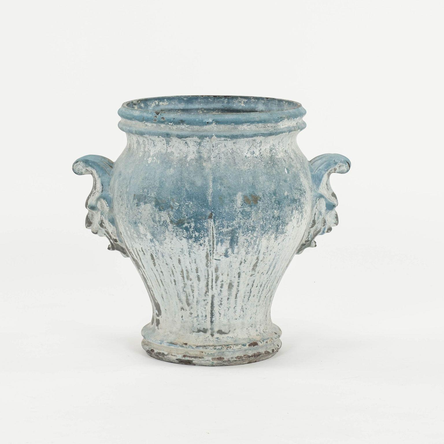 Late 19th Century Faded Blue-Color Enamel Cast Iron Urn In Fair Condition For Sale In Houston, TX