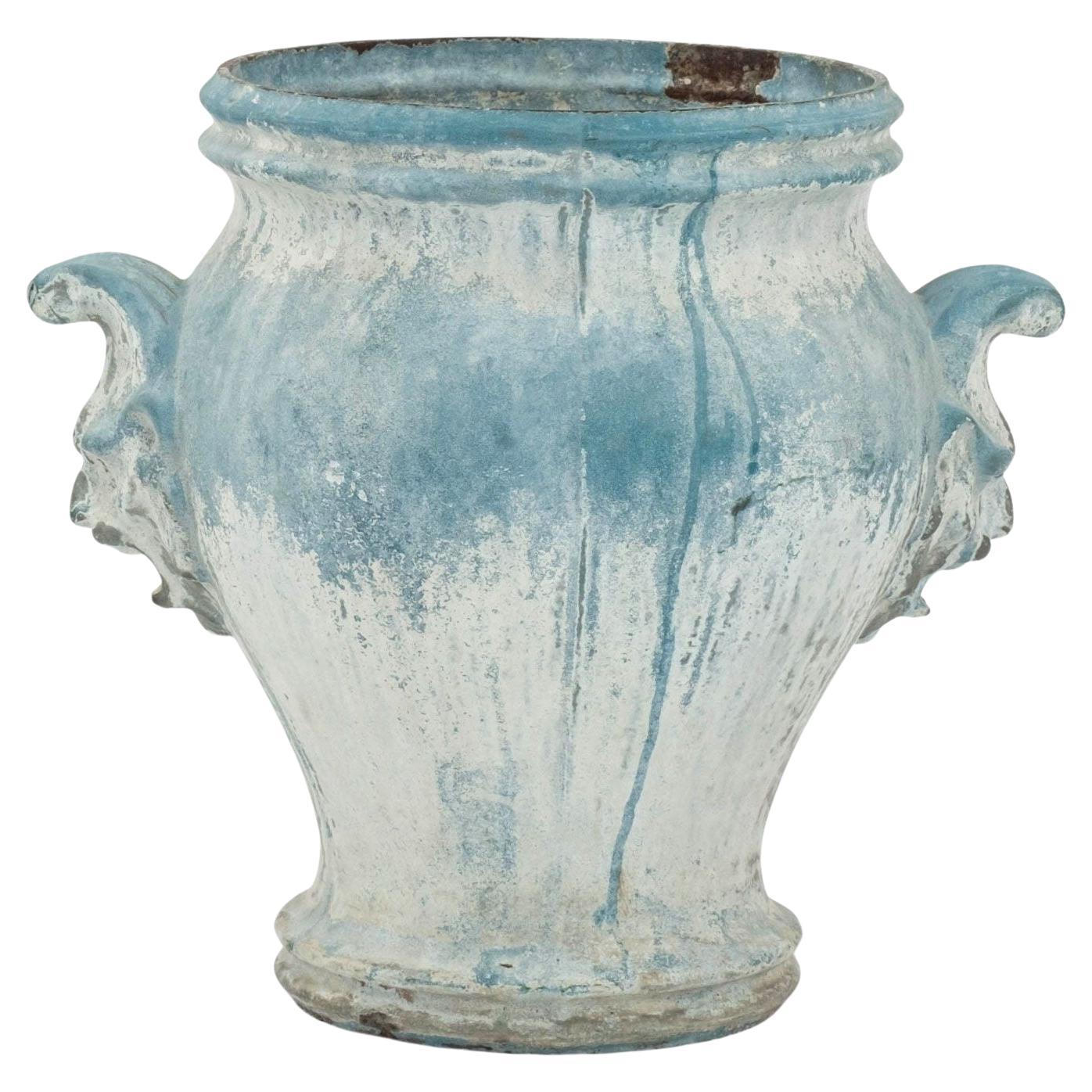 Late 19th Century Faded Blue-Color Enamel Cast Iron Urn For Sale