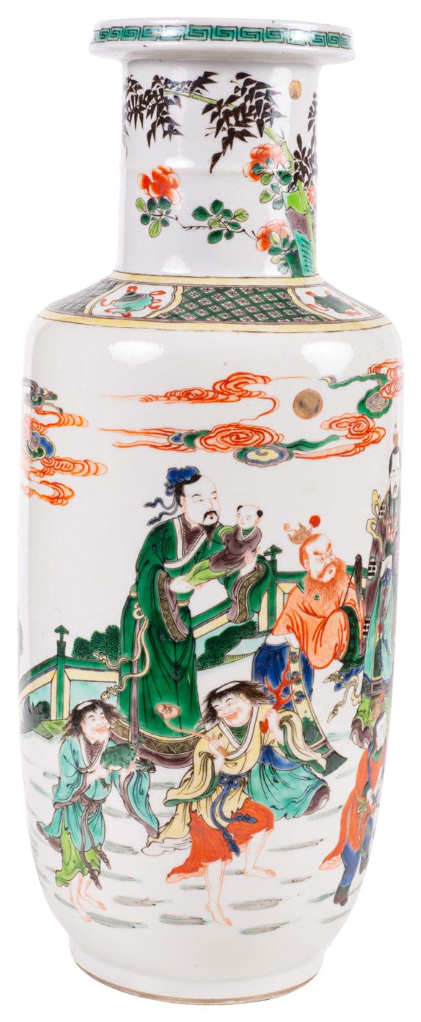 Chinese Export Late 19th Century Famille Verte Kangxi Style Rouleau Vase