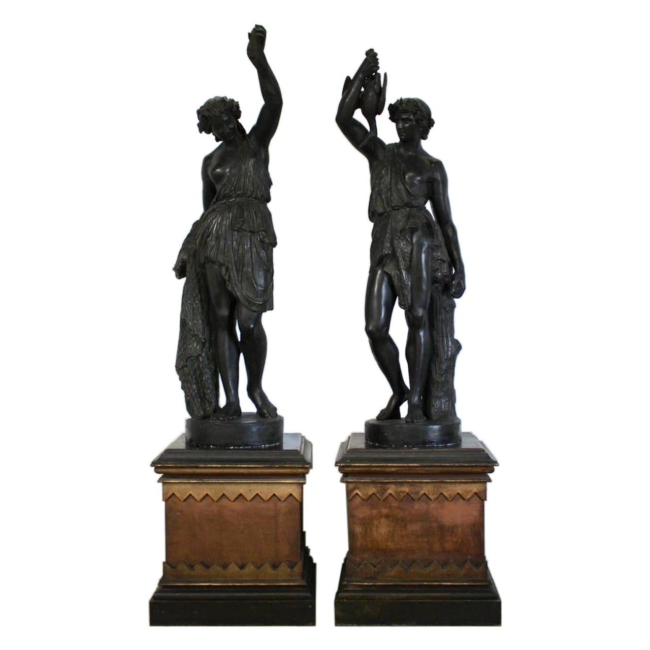 Late 19th Century Faux Bronze Gesso Statues of a Hunter and his Companion, Pair For Sale