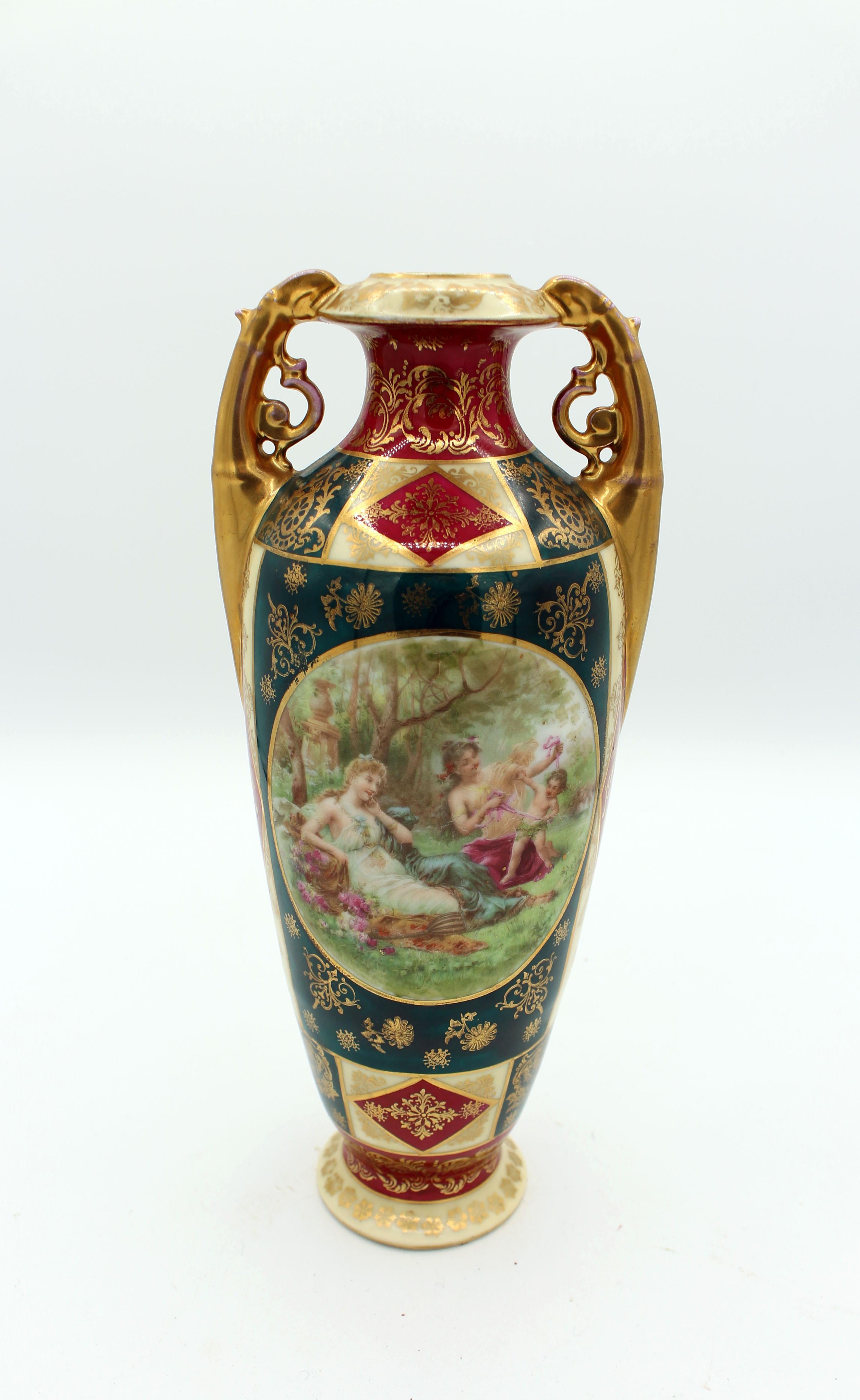 A pair of Art Nouveau vases, faux-Royal Vienna. decorated with romantic transfer print reserves. Made in Austria, c.1895-1910. 10 1/2