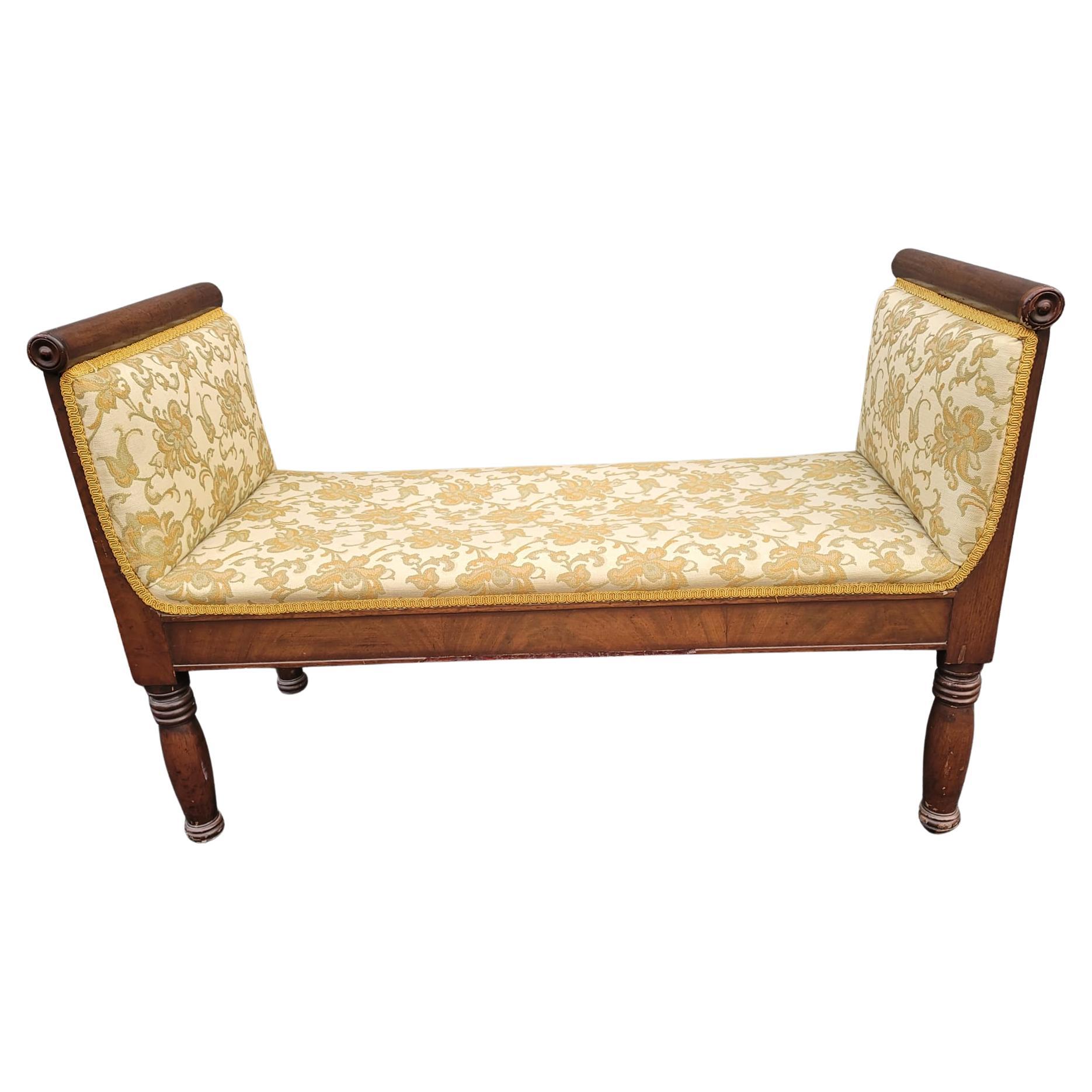 Late 19th Century Federal Walnut and Upholstered Window bench with Yellowish gold color upholstery and burl walnut front panel. It measures 40