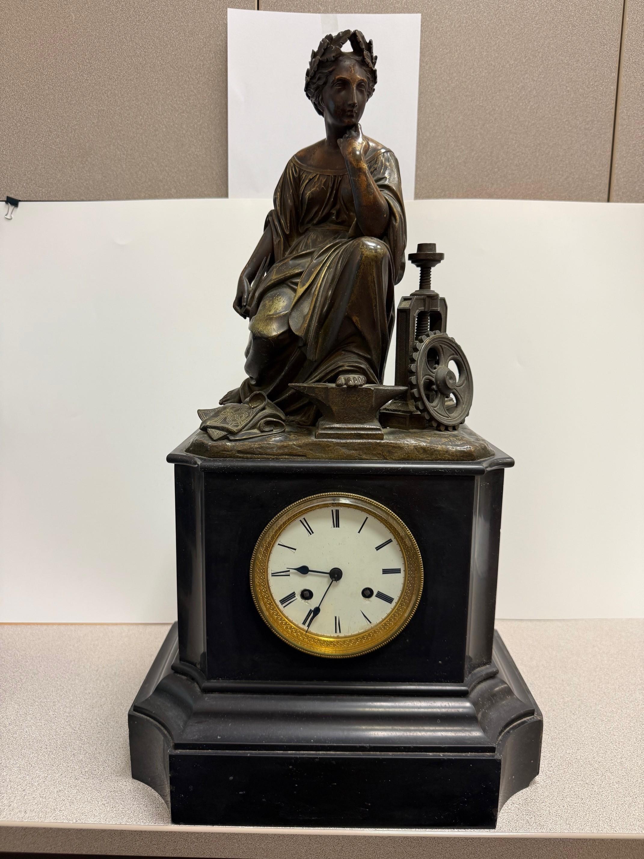 Late 19th Century Figural Bronze and Marble Mantel Clock Industrial Revolution For Sale 11