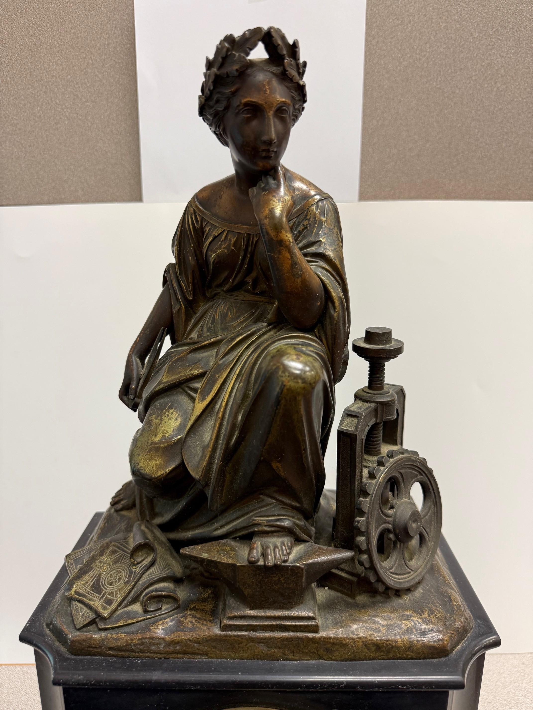 Late 19th Century Figural Bronze and Marble Mantel Clock Industrial Revolution For Sale 12