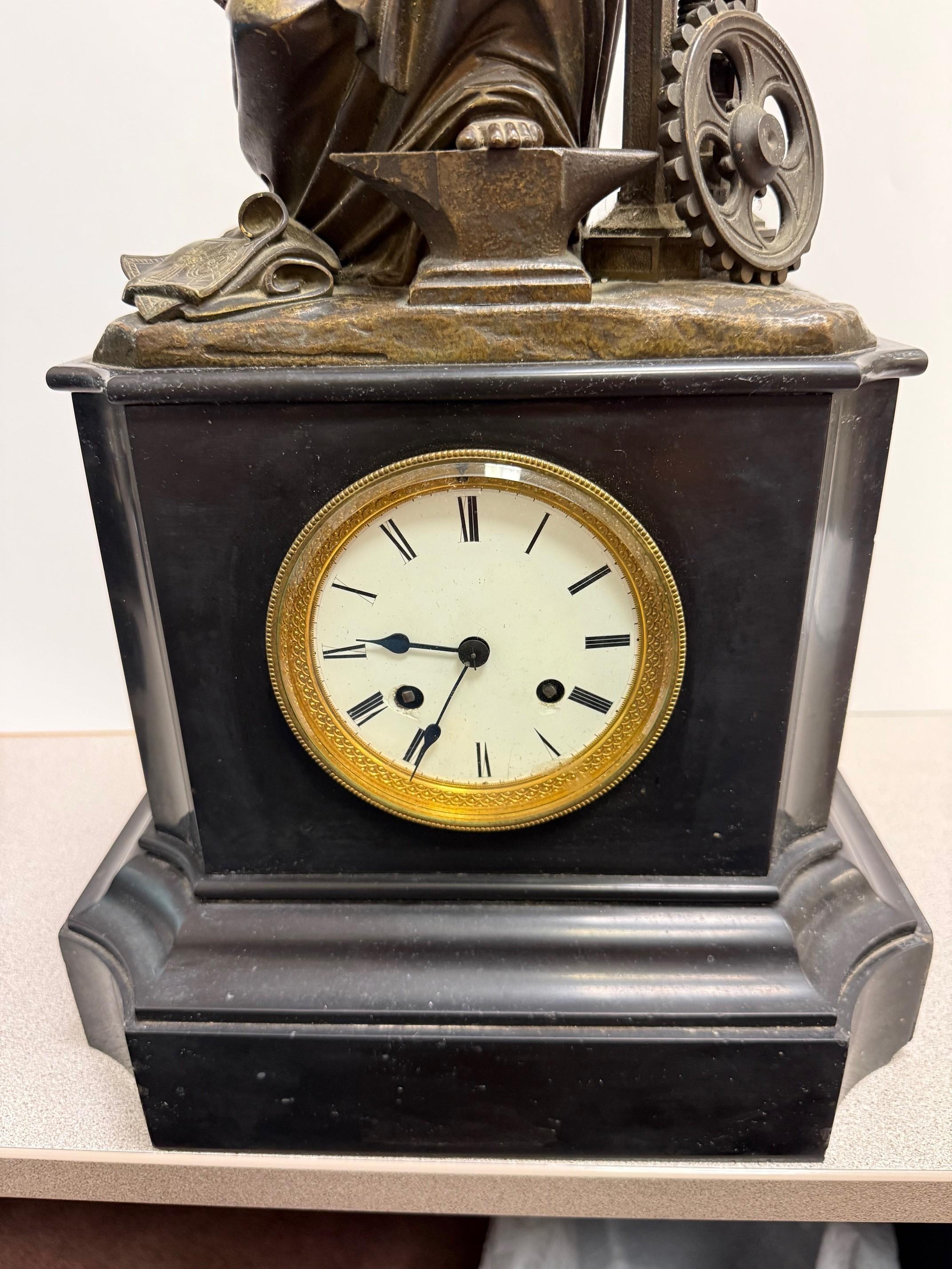 Late 19th Century Figural Bronze and Marble Mantel Clock Industrial Revolution For Sale 13