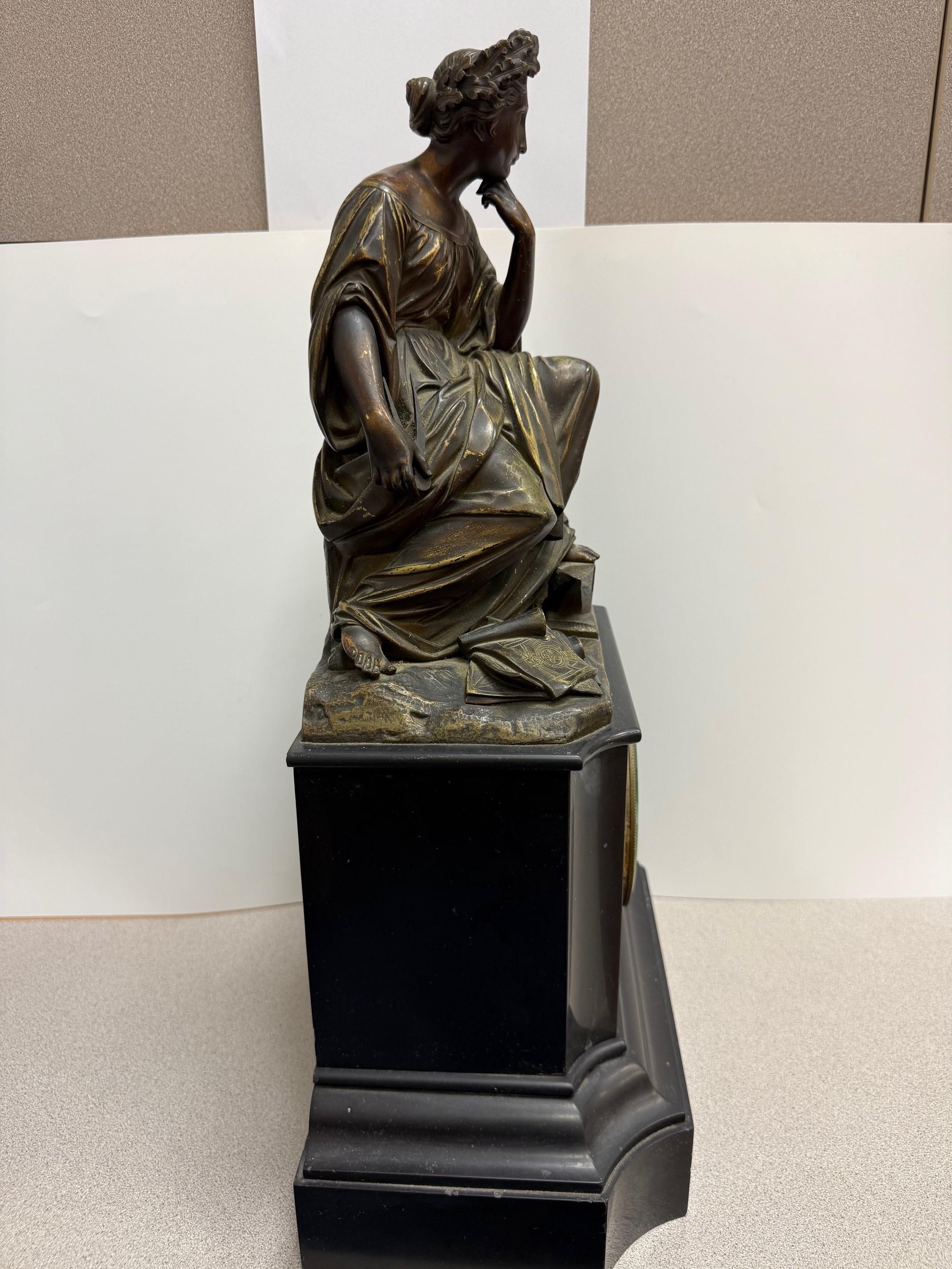 French Late 19th Century Figural Bronze and Marble Mantel Clock Industrial Revolution For Sale