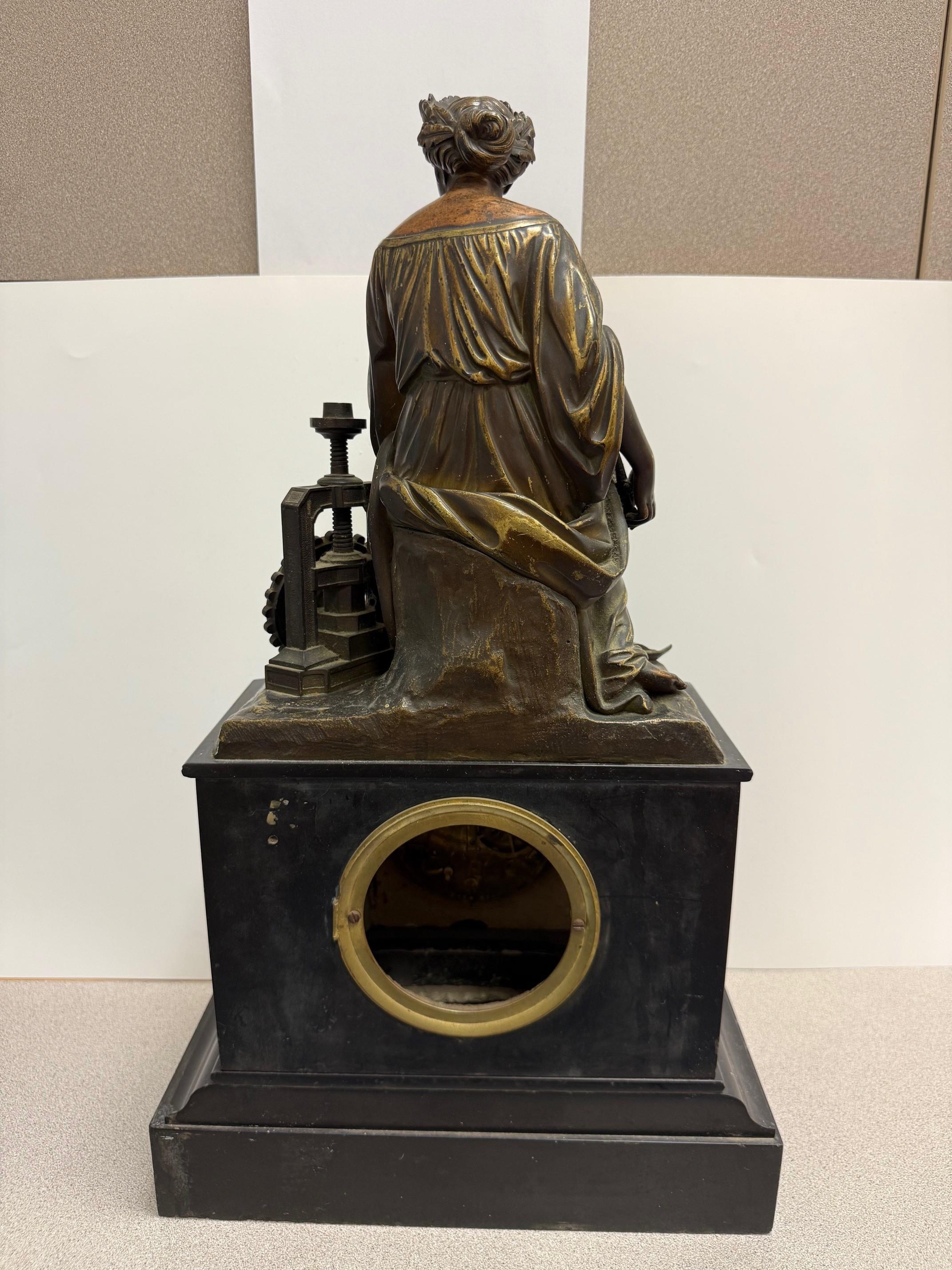 Late 19th Century Figural Bronze and Marble Mantel Clock Industrial Revolution In Good Condition For Sale In Stamford, CT