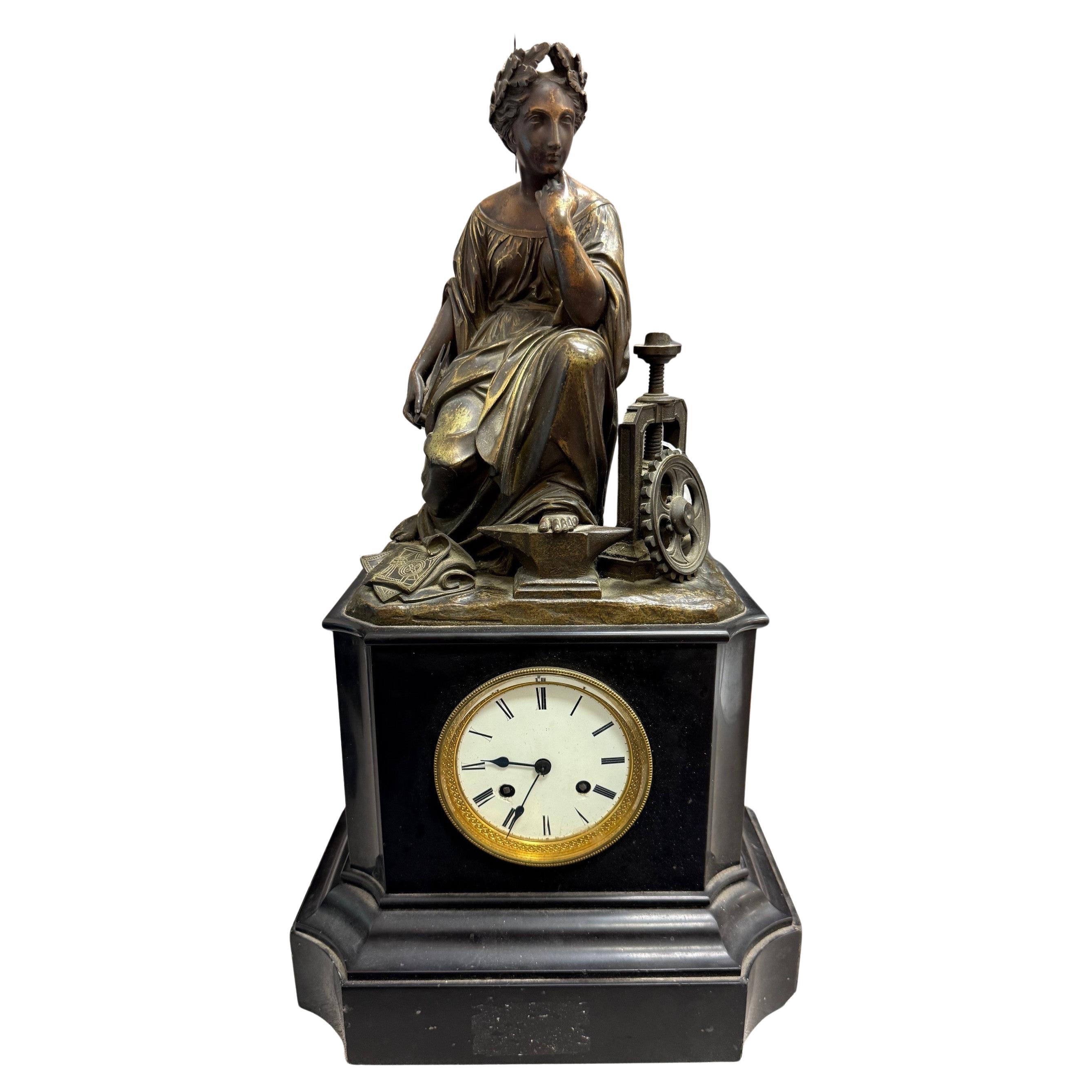Late 19th Century Figural Bronze and Marble Mantel Clock Industrial Revolution For Sale