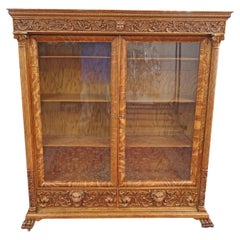 Late 19th Century Figural Carved Tiger Oak China Cabinet By AJ Johnson Chicago