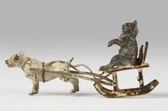 Late 19th Century Figurine - Vienna Bronze - Cold-Painted - Dog and Cat on Sled