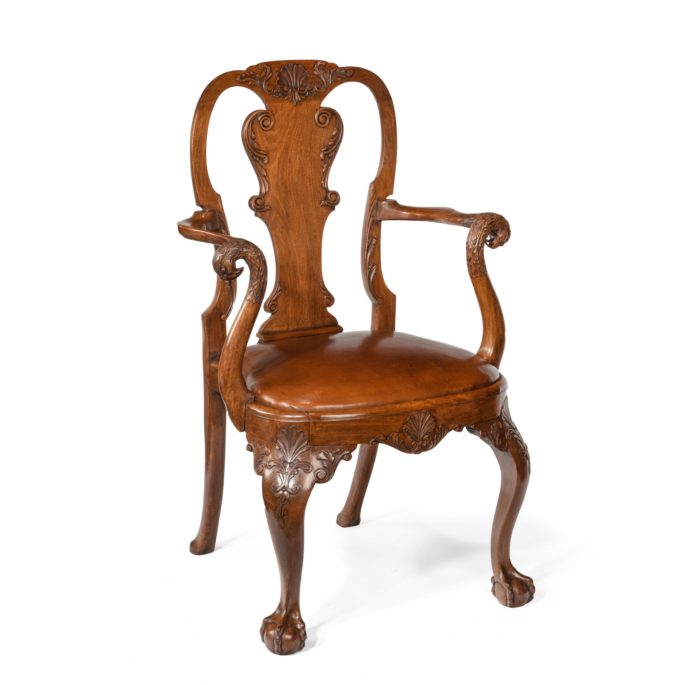Late 19th Century Finely Carved Eagle Head Walnut and Leather Desk Armchair 6