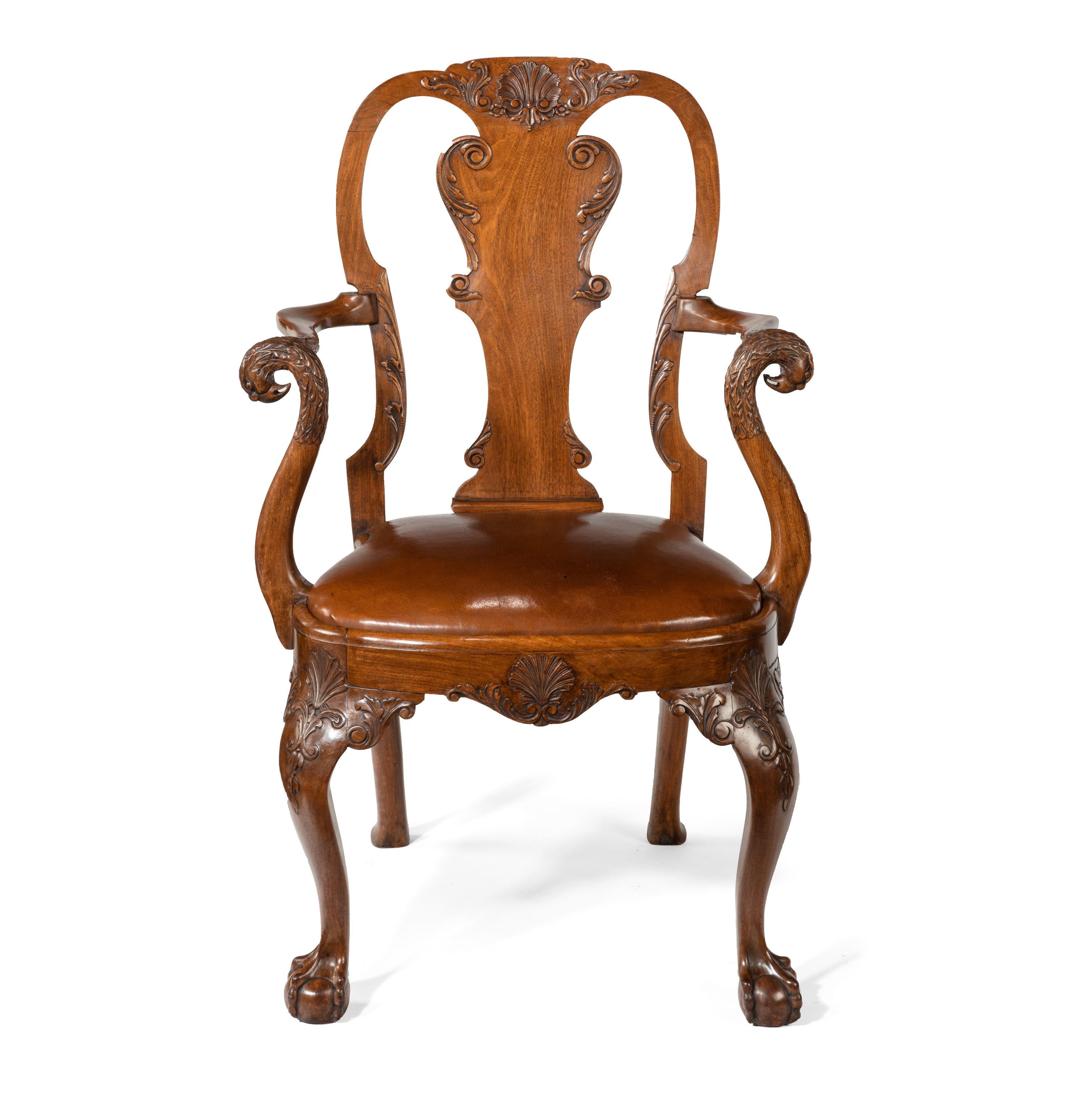 Late 19th Century Finely Carved Eagle Head Walnut and Leather Desk Armchair 7
