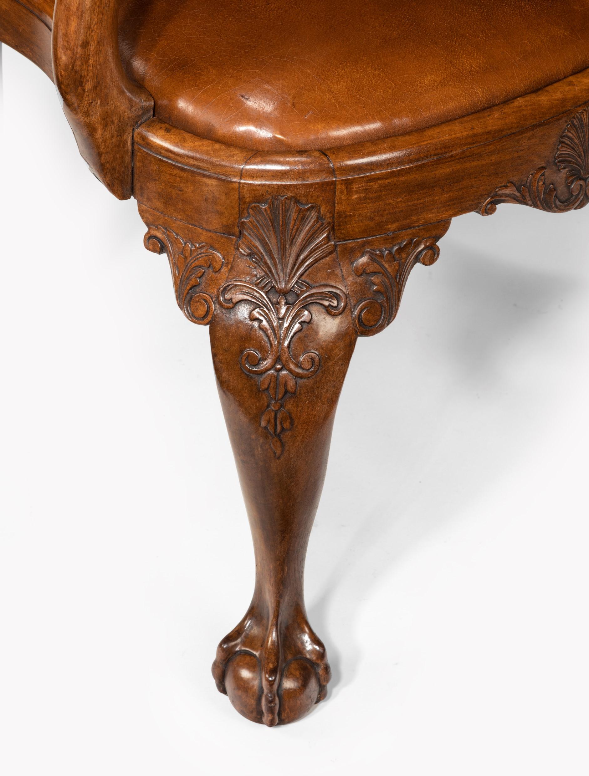 English Late 19th Century Finely Carved Eagle Head Walnut and Leather Desk Armchair