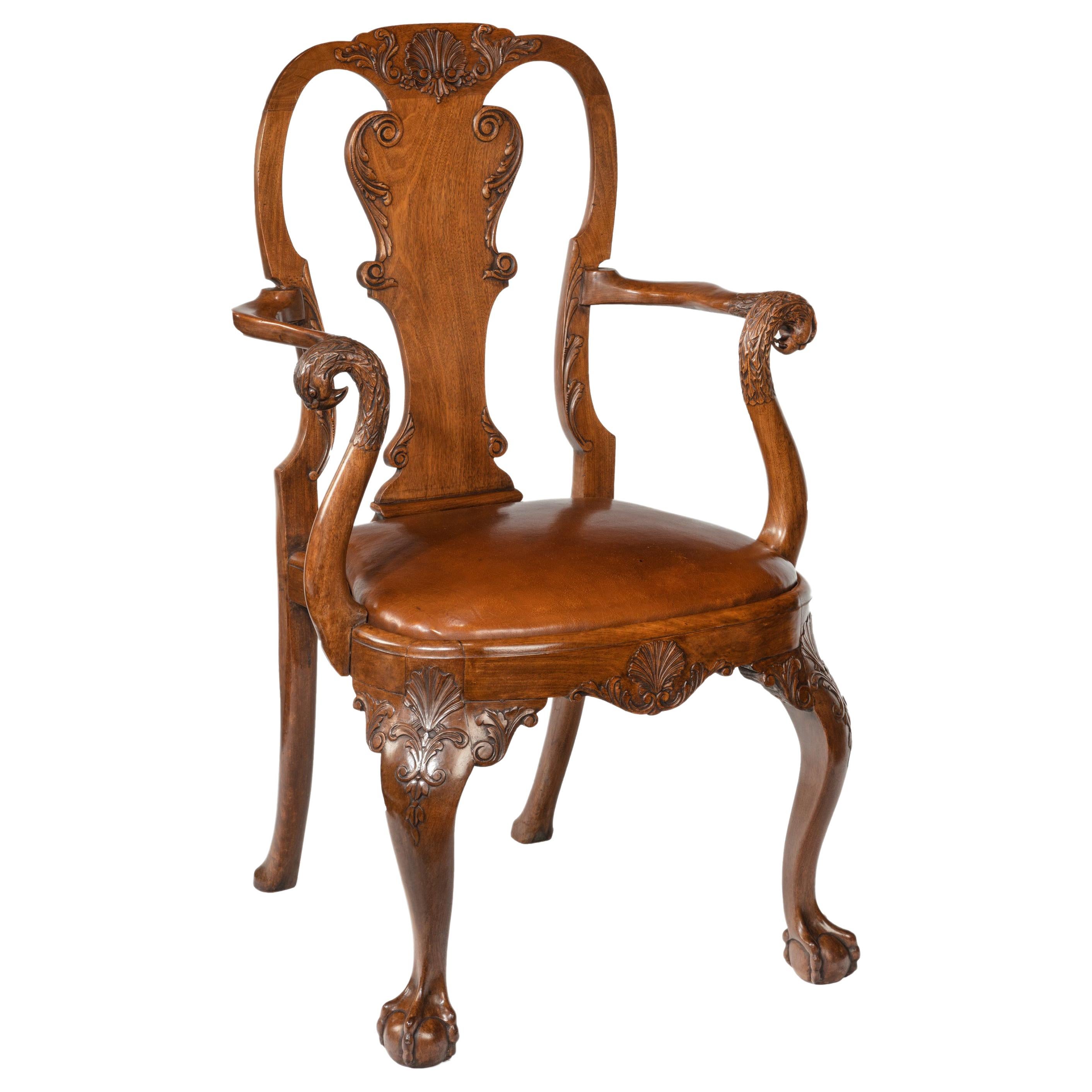 Late 19th Century Finely Carved Eagle Head Walnut and Leather Desk Armchair