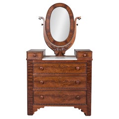 Late 19th Century Flaming Walnut Dresser with Tilting Mirror and Marble Inset