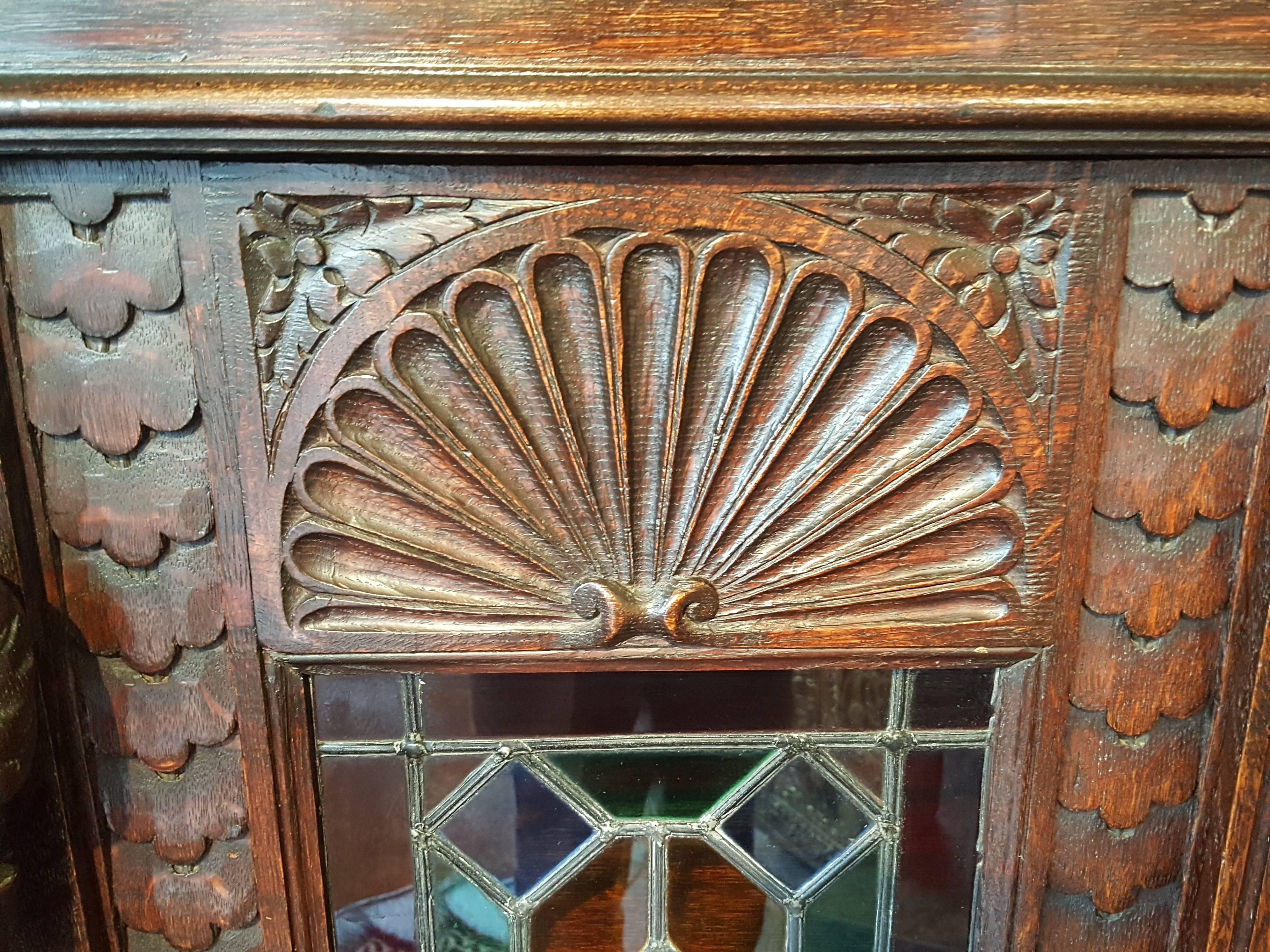 Stained Glass Late 19th Century Flemish Carved Oak Corner Cabinet