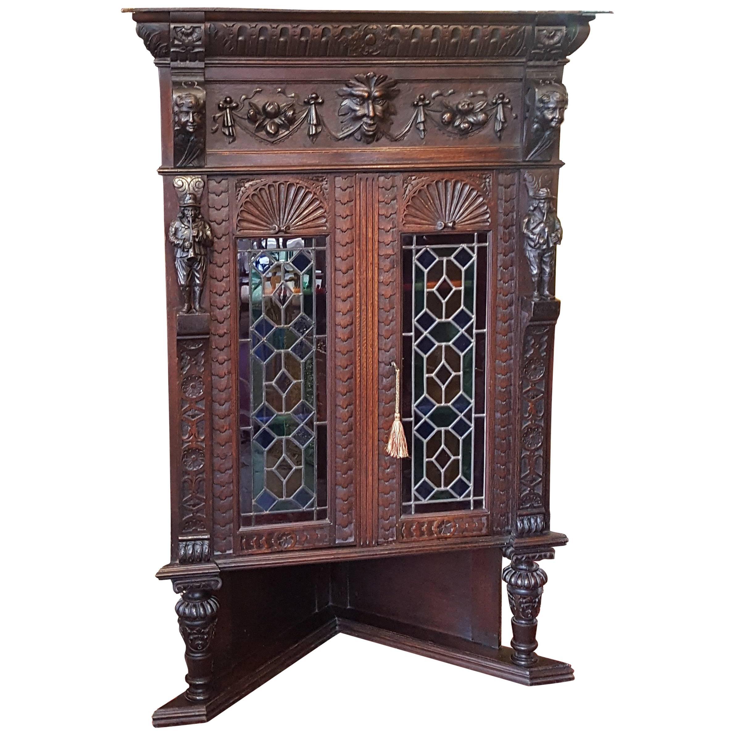 Late 19th Century Flemish Carved Oak Corner Cabinet