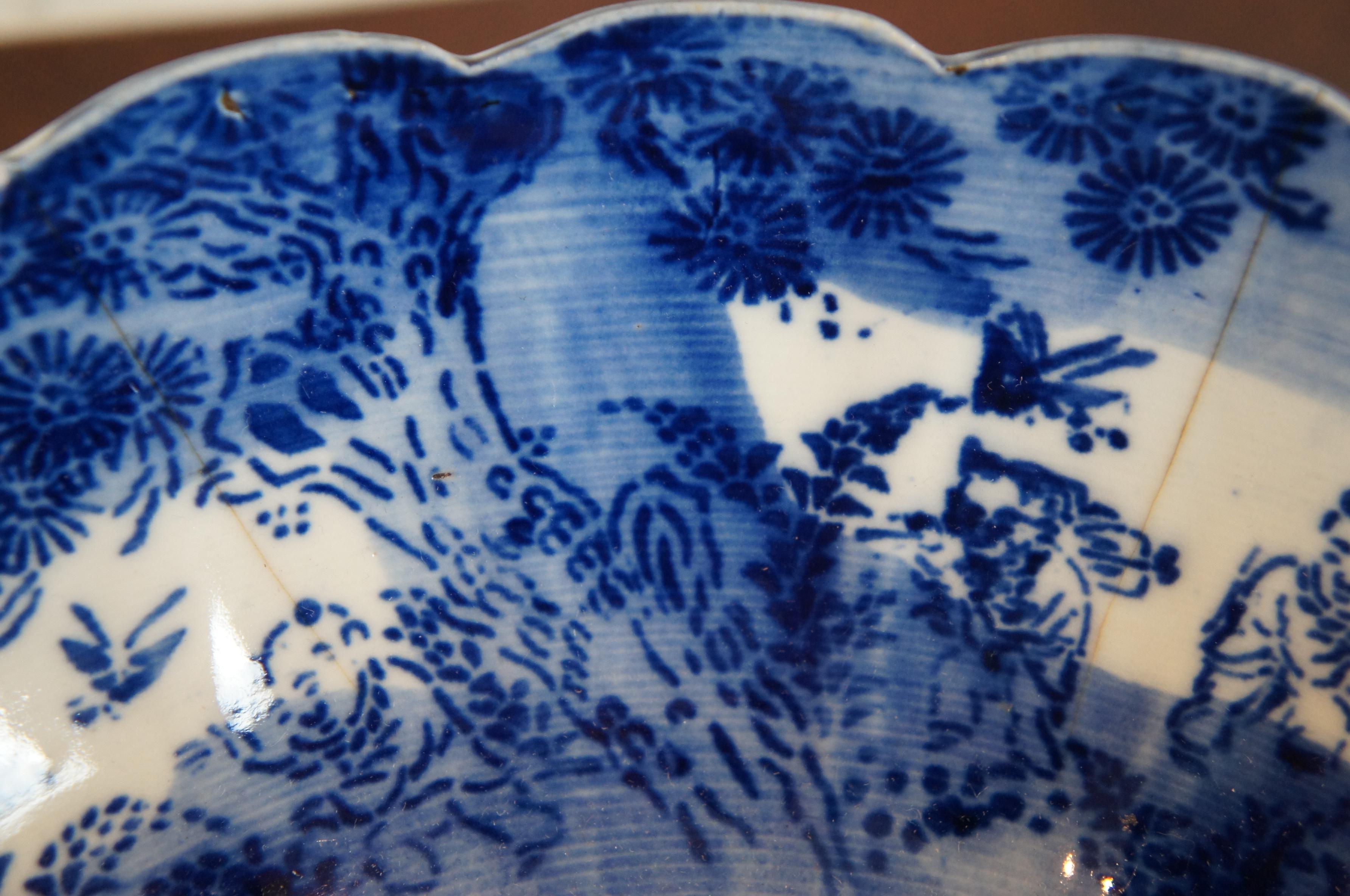 Late 19th Century Flow Blue Chinese Bowl Figures Phoenix Scalloped Edge 3