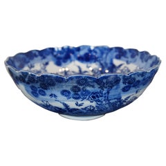 Late 19th Century Flow Blue Chinese Bowl Figures Phoenix Scalloped Edge