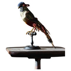Late 19th Century Folk Art Glass Beaded Exotic Bird Sculpture on Ebonised Perch 