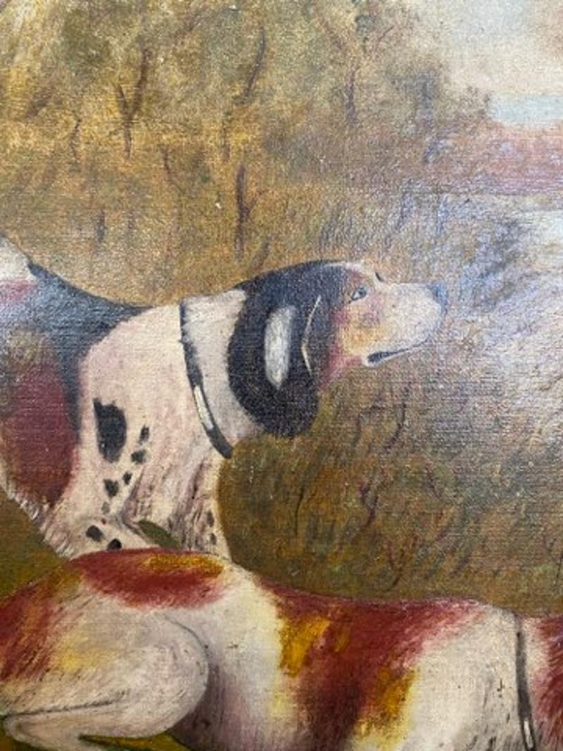 Américain Peinture d'art populaire de la fin du XIXe siècle représentant des chiens de chasse près d'un fleuve en vente