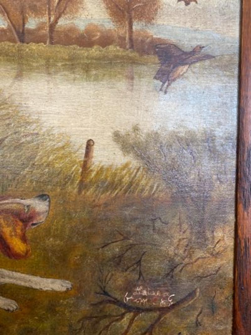 Peinture d'art populaire de la fin du XIXe siècle représentant des chiens de chasse près d'un fleuve Bon état - En vente à Middleburg, VA
