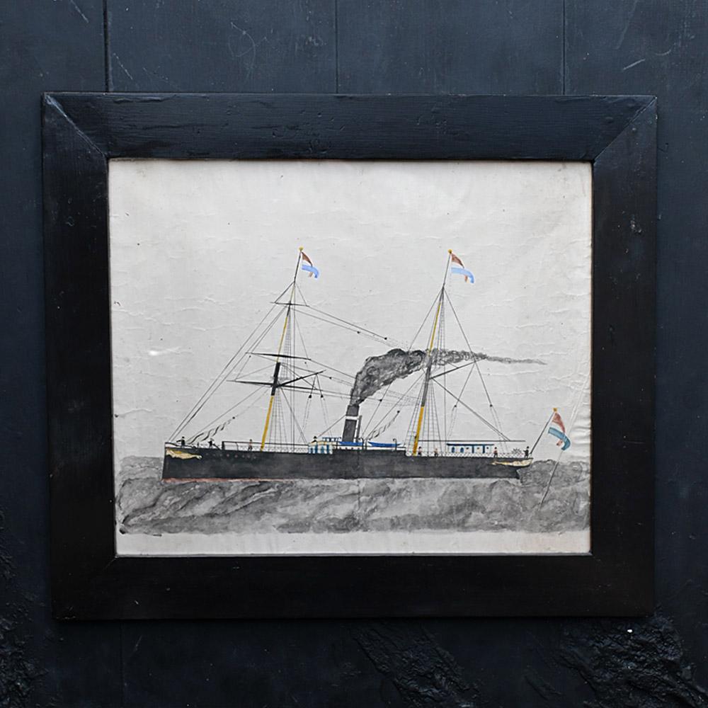 Late 19th Century folk-art ship painting

A naive hand painted on paper folk art painting of a large ship, with painted detail including a ships captain and sailors with one figure holding a large telescope at the front of the ship as shown. With