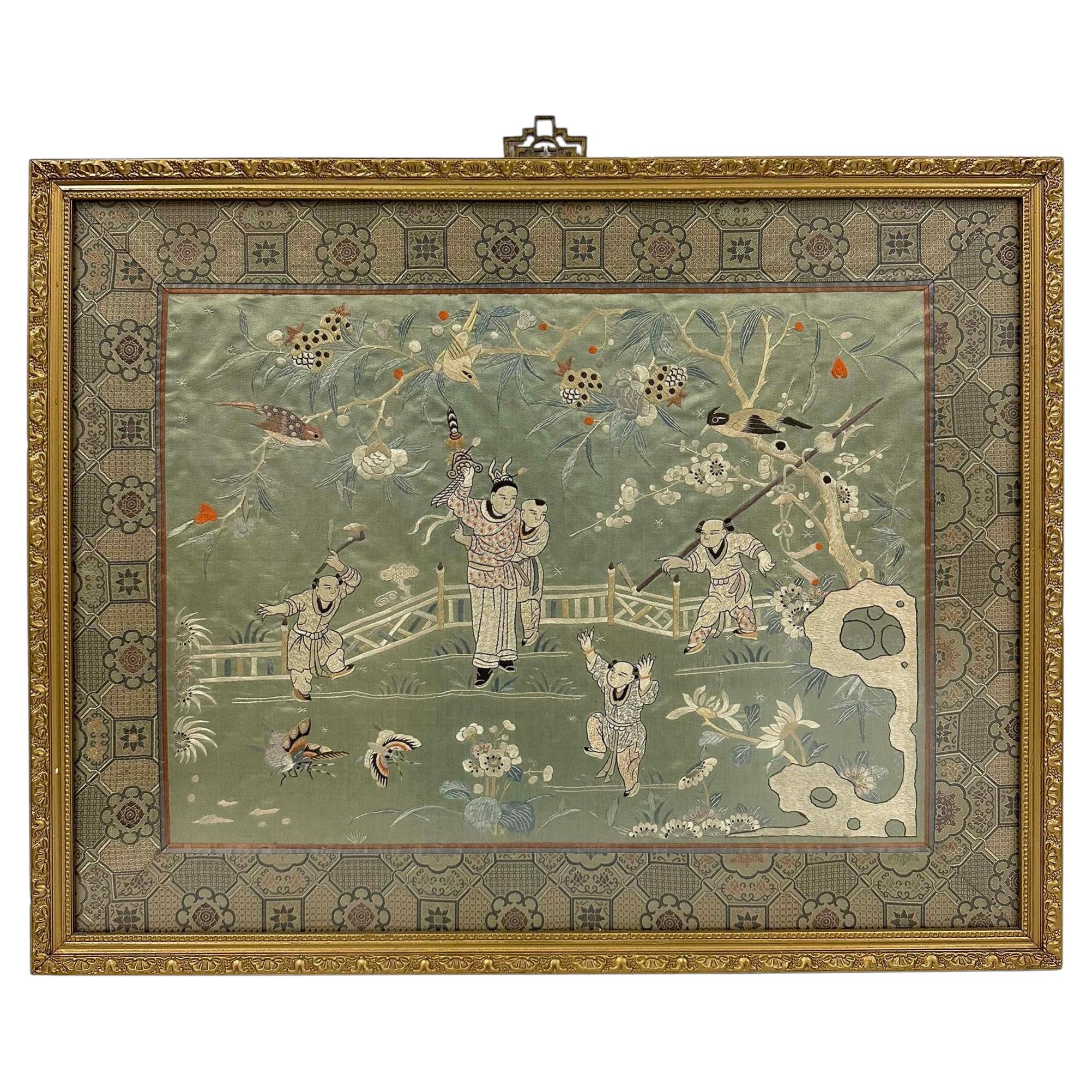 Late 19th-century framed Chinese silk embroidered panel For Sale